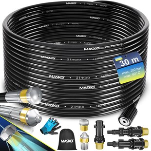 MASKO® Premium Rohrreinigungsschlauch Set Abflussreiniger 30m, 200 bar inkl. Tasche 3 Adapter 2 Düsen kompatibel mit Kärcher k2-k7 LAVOR Hochdruckreiniger Rohrreinigungsset + Handschuhe & Isolierband 