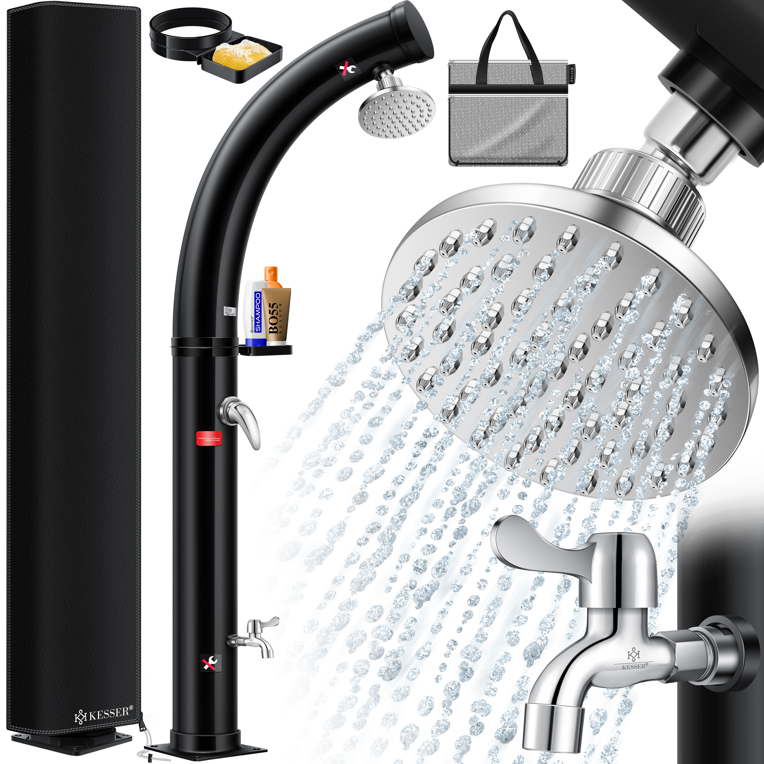KESSER&reg; Solar Gartendusche Solardusche Bogen mit Metall-Duschablage Schutzhaube & Tasche | warmes Wasser max. 60&deg;C Pooldusche Camping | Regenduschkopf & Wasserhahn | Gartenschlauch-Anschluss 