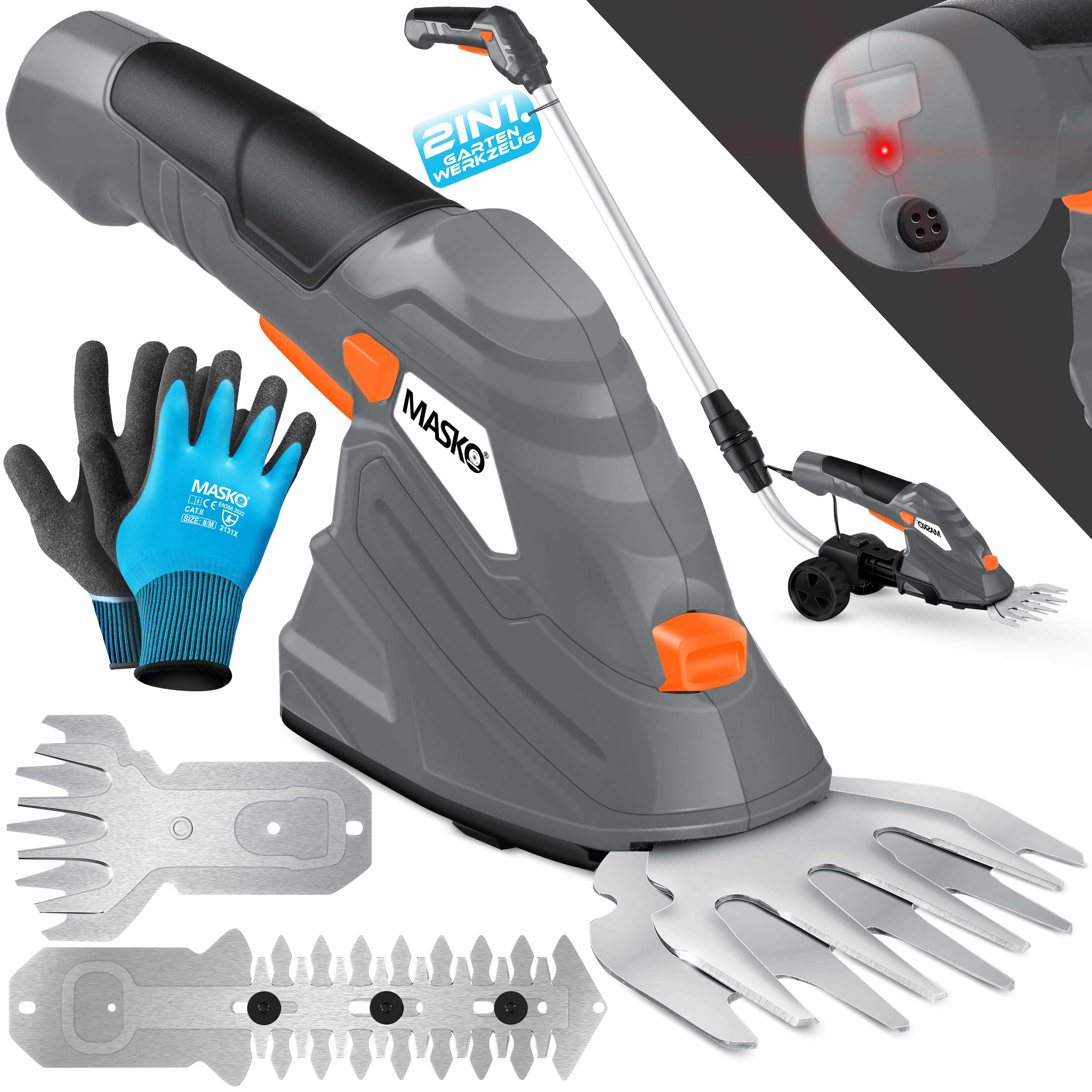 MASKO&reg; Grasschere Strauchschere Set mit Akku 7,2V 2000mA/h + Ladeger&auml;t + Handschuhe elektrische Garten Heckenschere Rasenschere Inkl. Grasmesser + Strauchmesser + stiel Teleskopstange 90-130 cm R&auml;dern 