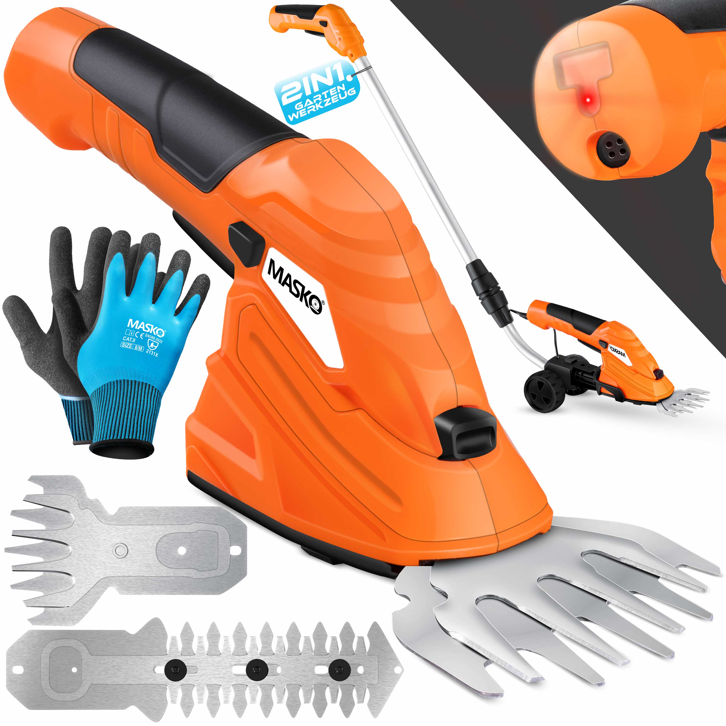 MASKO&reg; Grasschere Strauchschere Set mit Akku 7,2V 2000mA/h + Ladeger&auml;t + Handschuhe elektrische Garten Heckenschere Rasenschere Inkl. Grasmesser + Strauchmesser + stiel Teleskopstange 90-130 cm R&auml;dern 