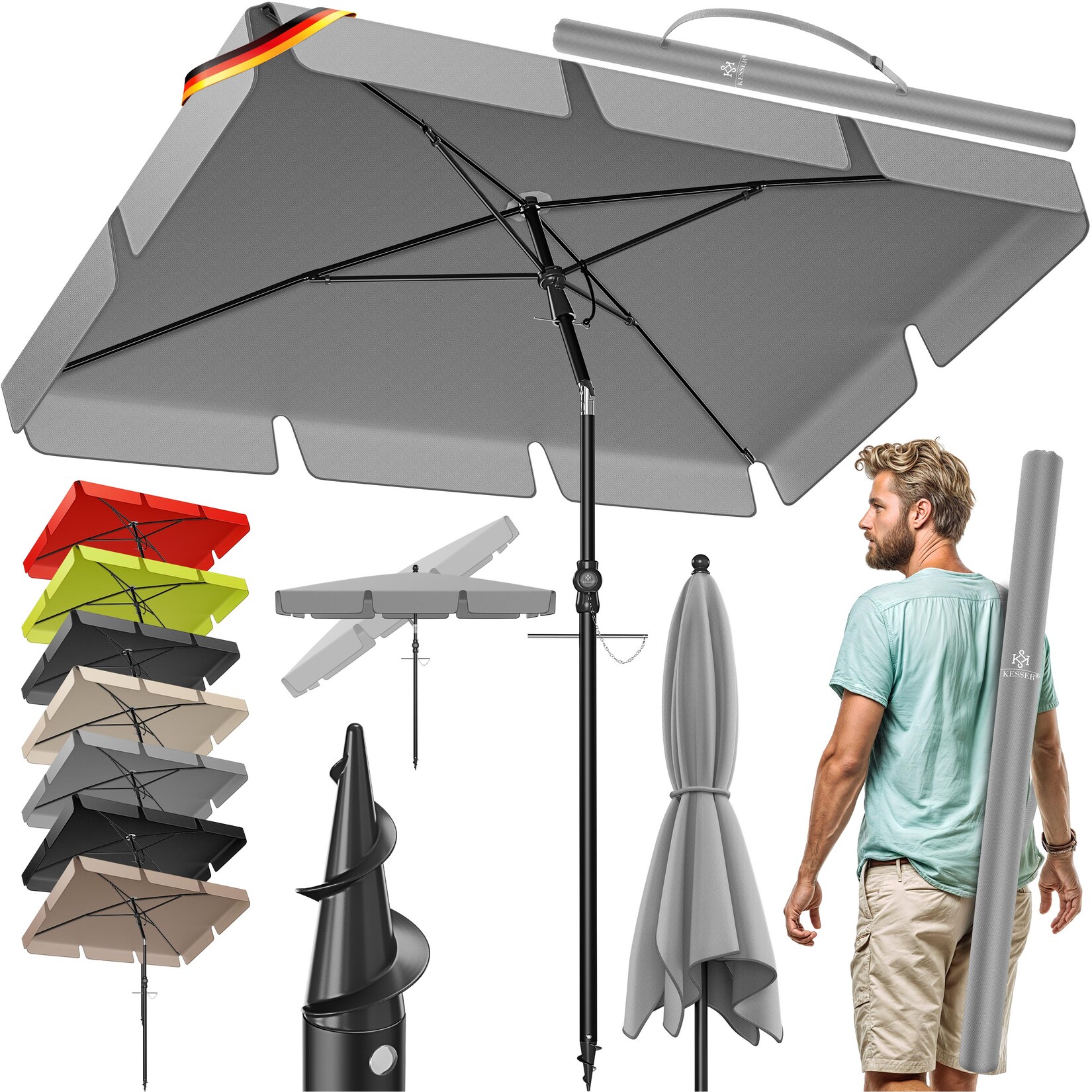 ® Sonnenschirm Rechteckig Inkl. 2in1 Abdeckung & Transporttasche Gartenschirm Terrassenschirm   Schirm 200 × 125cm für Balkon Garten & Terrasse   Neigungswinkel und Höhe verstellbar
