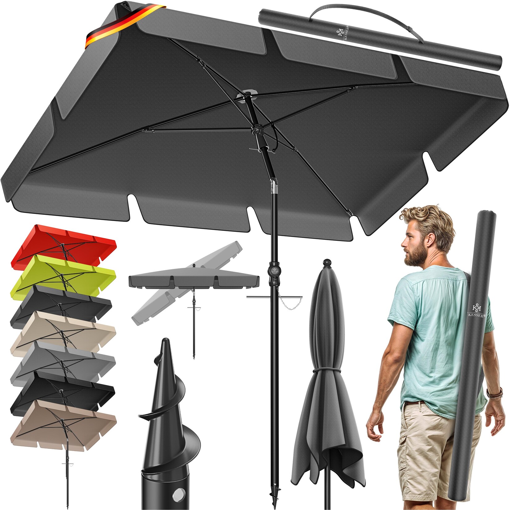 ® Sonnenschirm Rechteckig Inkl. 2in1 Abdeckung & Transporttasche Gartenschirm Terrassenschirm   Schirm 200 × 125cm für Balkon Garten & Terrasse   Neigungswinkel und Höhe verstellbar