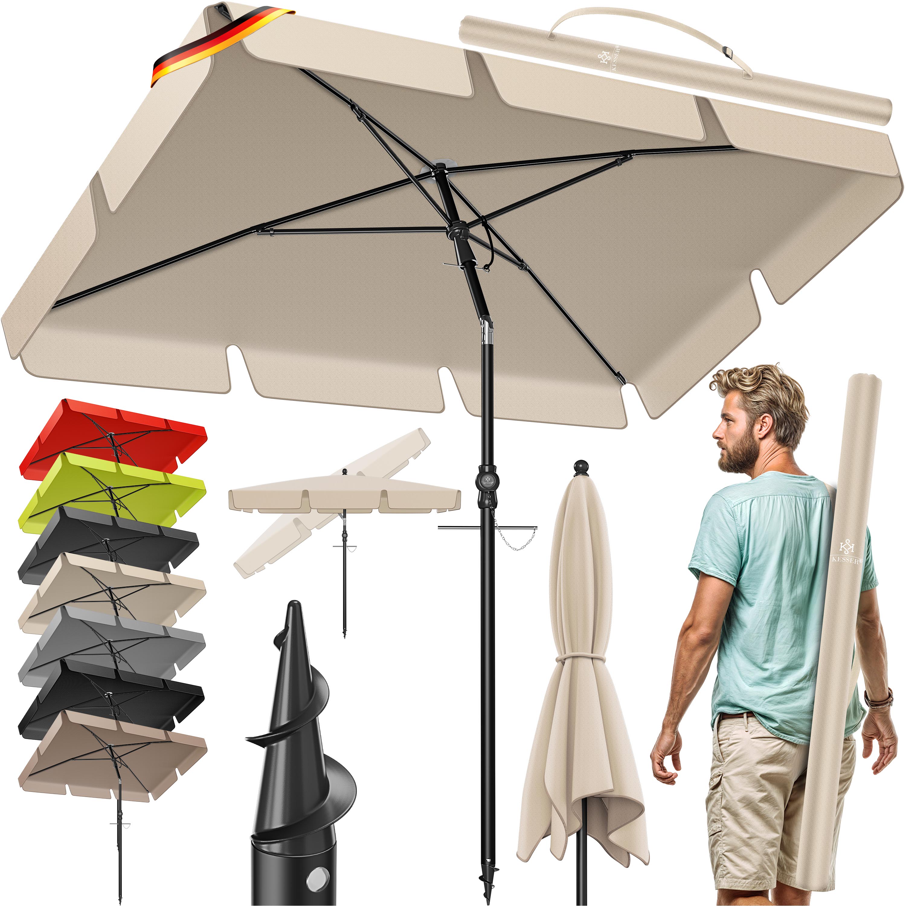 KESSER&reg; Sonnenschirm Rechteckig Inkl. 2in1 Abdeckung & Transporttasche Gartenschirm Terrassenschirm | Schirm 200 &times; 125cm f&uuml;r Balkon Garten & Terrasse | Neigungswinkel und H&ouml;he verstellbar 