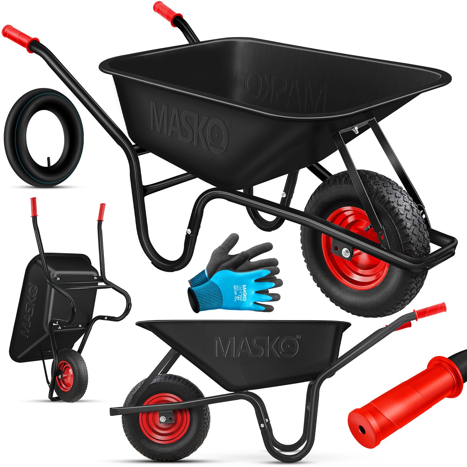 MASKO&reg; Schubkarre Bauschubkarre Gartenschubkarre 100 Liter bis 250kg Luftreifen mit Stahlfelge verzinkt Stahlrahmen Garten Karre Schiebkarre Transportkarre inkl. Arbeitshandschuhe 