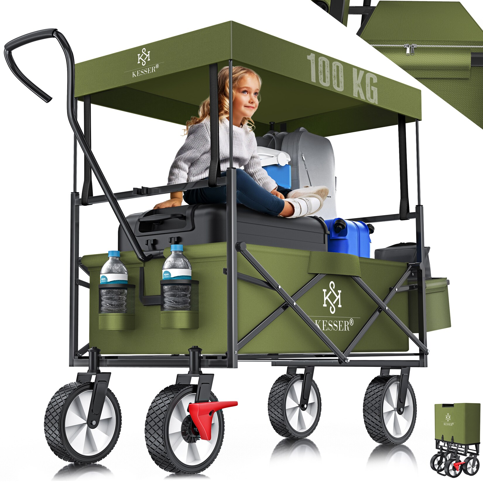 ® Bollerwagen faltbar mit Dach Handwagen Transportkarre Gerätewagen   inkl. 2 Netztaschen und Einer Außentasche   klappbar   Vollgummi-Reifen   bis  Tragkraft   Mit Vorderrad-Bremse