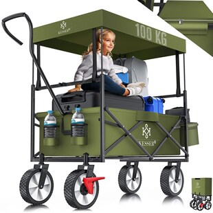 KESSER® Bollerwagen faltbar mit Dach Handwagen Transportkarre Gerätewagen | inkl. 2 Netztaschen und Einer Außentasche | klappbar | Vollgummi-Reifen | bis 100 kg Tragkraft | Mit Vorderrad-Bremse 