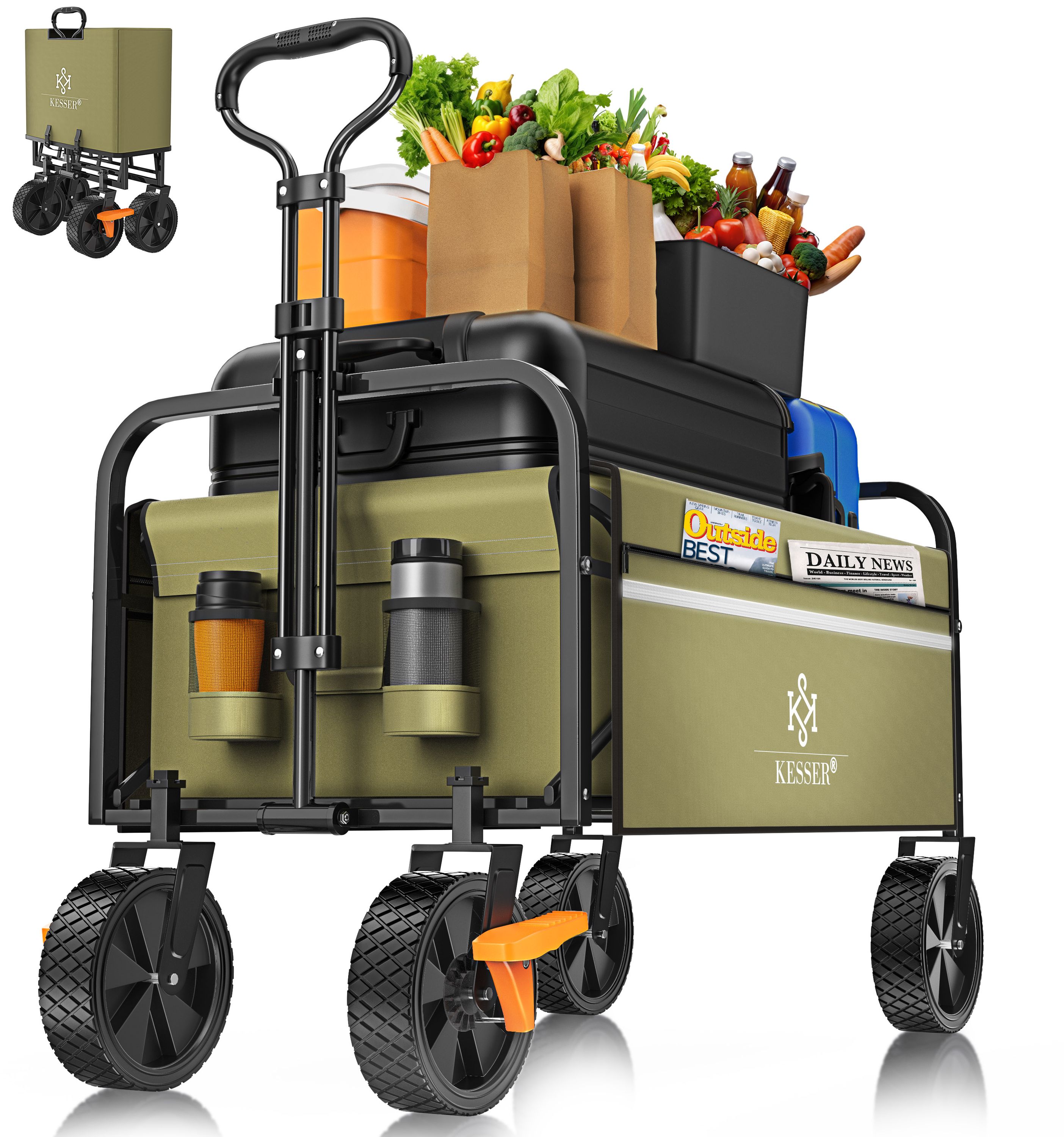 KESSER&reg; Bollerwagen faltbar Handwagen Transportkarre max. 150kg Tragkraft & 360&deg; PVC-Reifen Ger&auml;tewagen inkl. 2 Netztaschen, Seitentasche & Abdeckung Transportwagen Gartenanh&auml;nger ohne Dach 