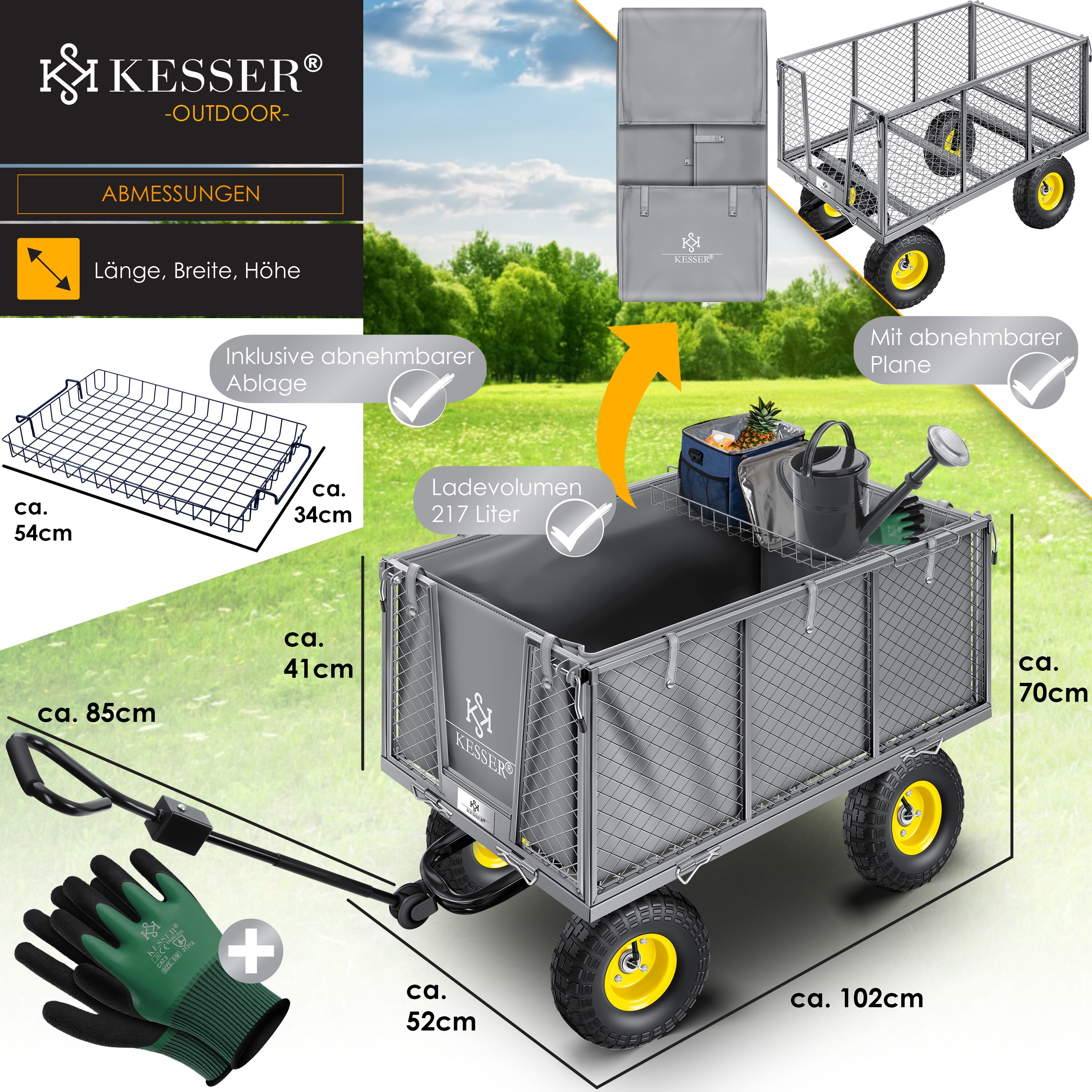 KESSER® Bollerwagen – 550 Kg Belastbarkeit, Abnehmbare Plane, Klappbare Seitenwände, Luftreifen – Für Garten, Baustelle & Ausflüge (Marinblau)