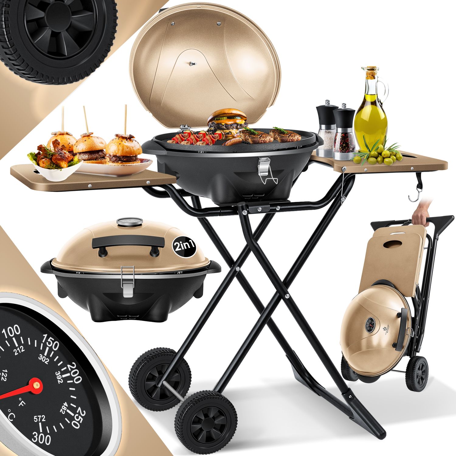 KESSER&reg; elektrischer Elektrogrill 2in1 Tischgrill - Standgrill mit Deckel und Standfu&szlig; | max. 2400 Watt | Faltbar | Thermometer | Antihaftbeschichtung | Grillplatte Abstelltische | 2 R&auml;der | 