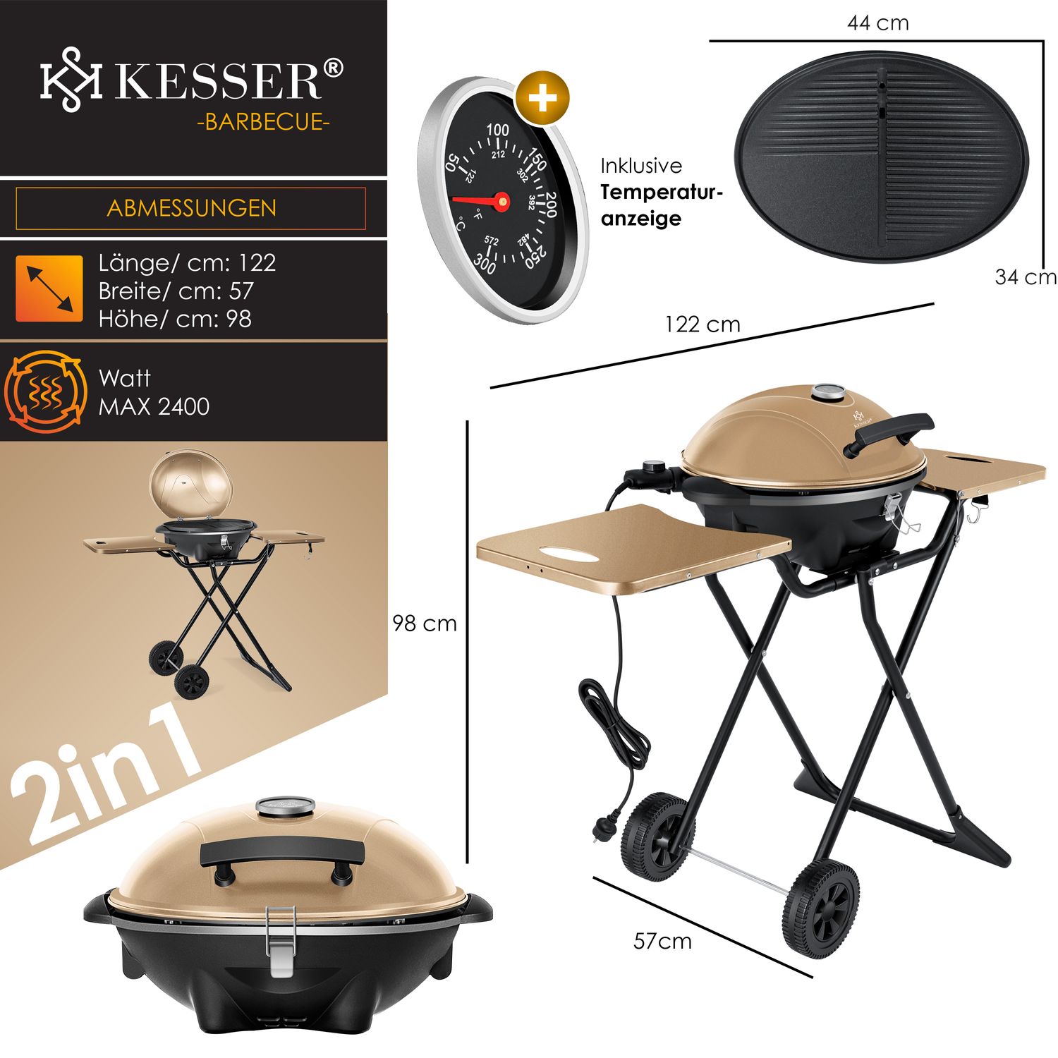 KESSER® Elektrische grill 2in1 tafelgrill - 2400 Watt - Zwart