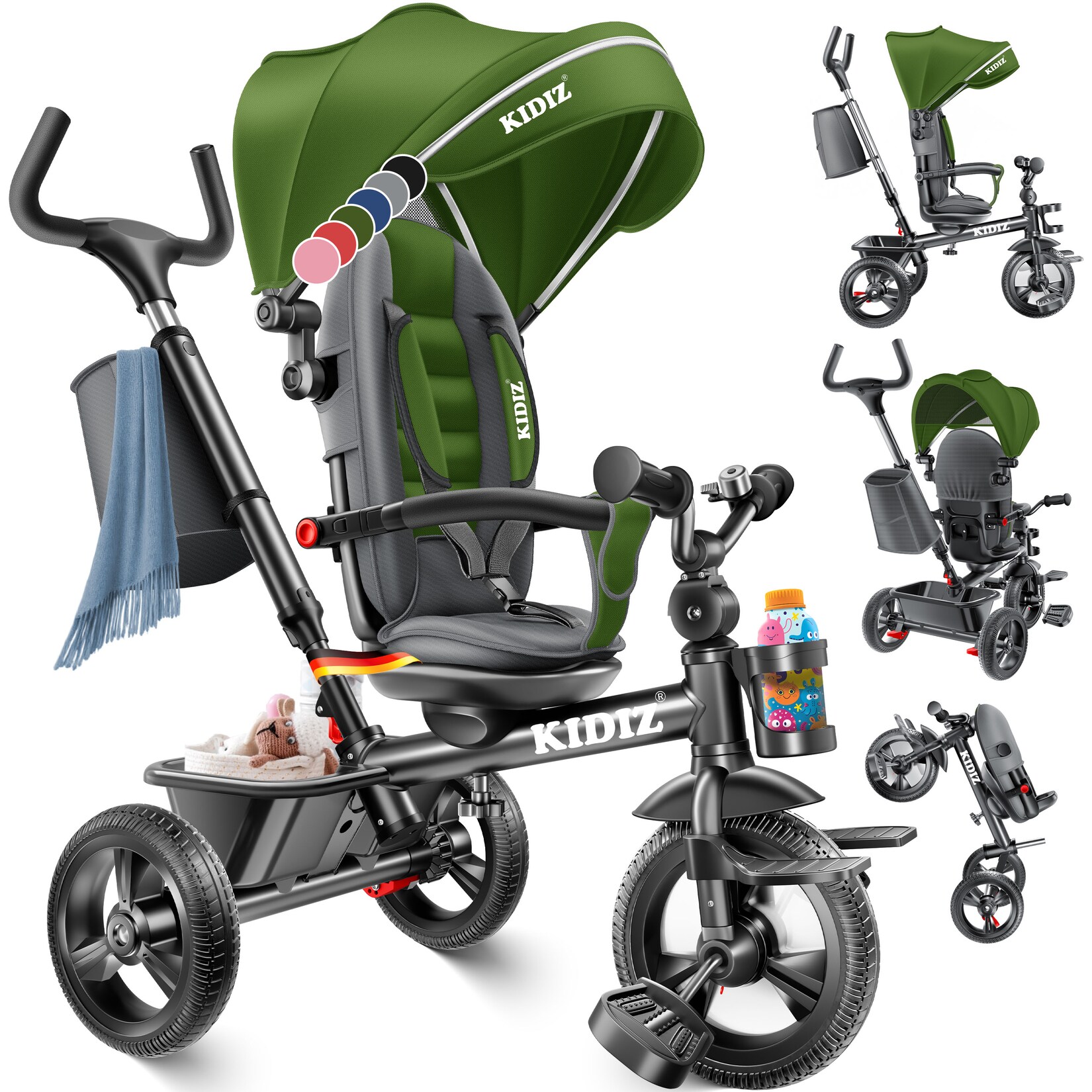 ® Dreirad 5in1 Kinderdreirad mit Schubstange Lenksystem Stange ab 1 Jahr vorwärts und Rückwärtsfahrt Jogger ,  Korb Tasche Getränkehalter Sonnendach Gummiräder, Buggy Fahrrad Baby Klappbar
