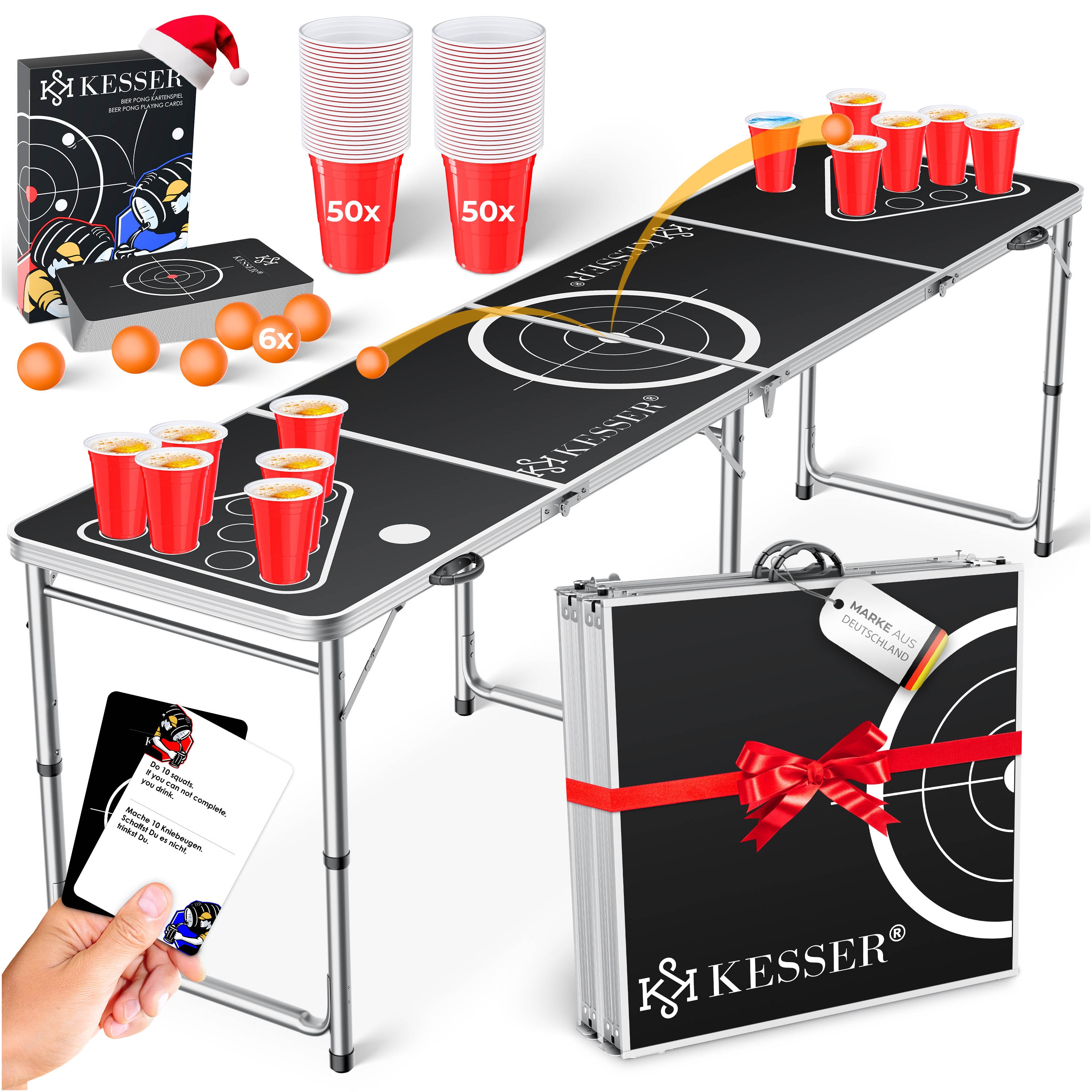 KESSER&reg; Bier Pong Tisch Set mit Kartenspiel Trinkspiel inkl. 100 Becher (50 Rot & 50 Blau), 6 B&auml;lle + Regelwerk Partyspiele Table H&ouml;henverstellbar Klappbarer ohne oder mit LED 