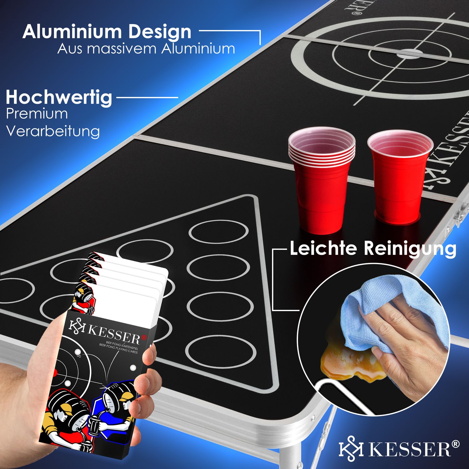 KESSER Tavolo Da Beer Pong Pieghevole Con Gioco Di Carte - Set Completo Con 100 Bicchieri, 6 Palline, Base In Alluminio Regolabile In Altezza, 244x61 Cm, Per Feste E Divertimento