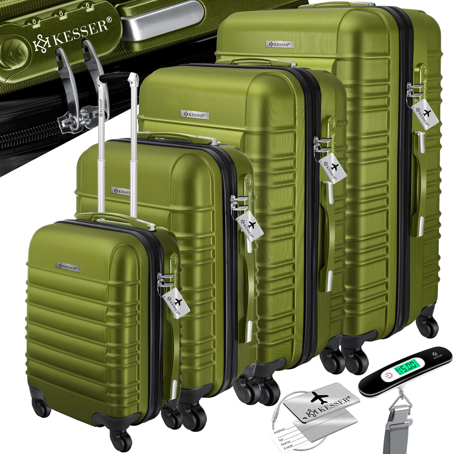 KESSER&reg; 4tlg. Hartschalenkofferset Hartschalenkoffer Reisekoffer Set Reisekofferset Trolley Koffer Inkl. Kofferwaage + Gep&auml;ckanh&auml;nger Rollkoffer Schloss 4 Rollen ABS-Hartschale Teleskopgriff S-M-L-XL 