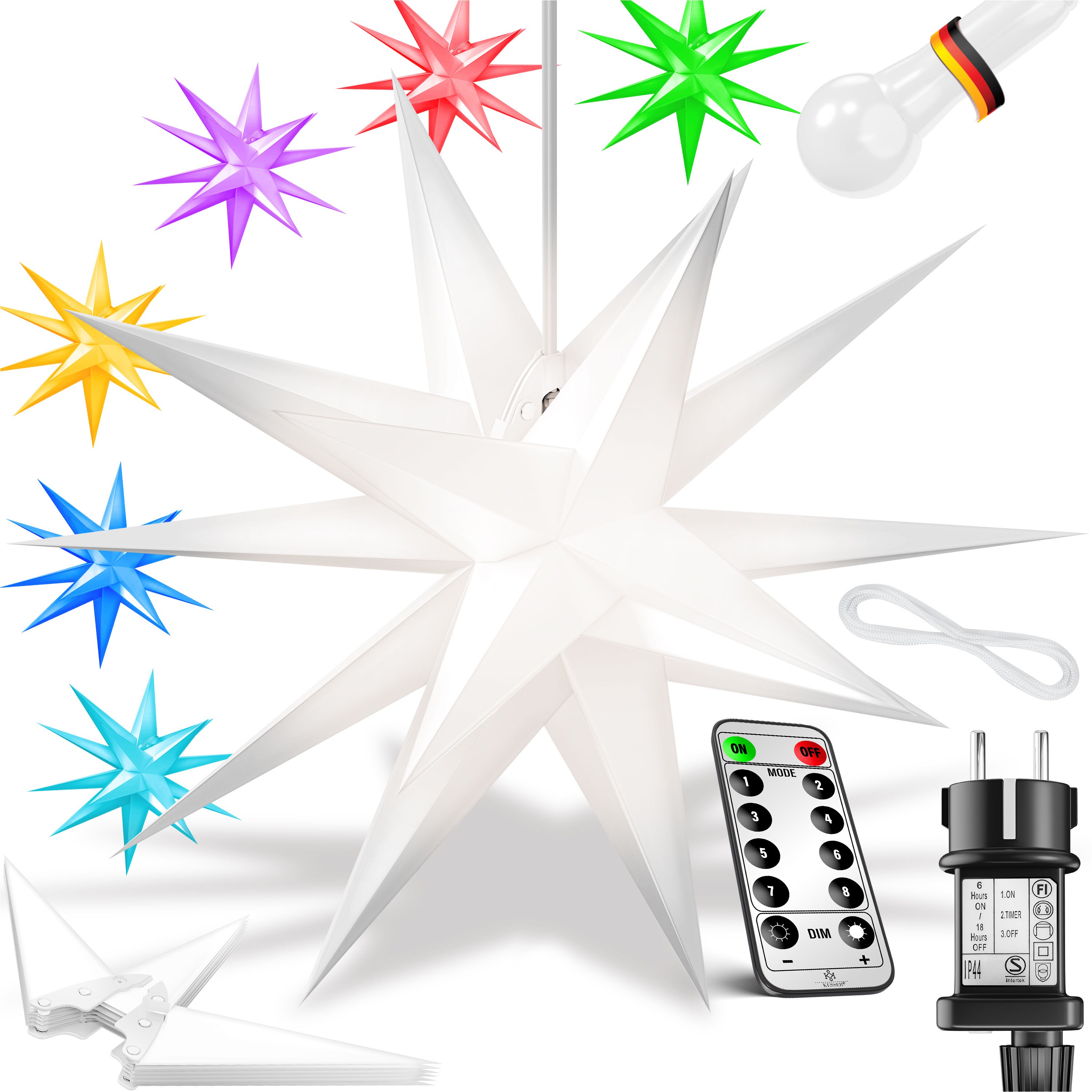 KESSER&reg; Leuchtstern 3D, LED Weihnachtsstern mit Timer f&uuml;r innen und au&szlig;en, Adventsstern Beleuchtet h&auml;ngend Stern + Warmwei&szlig; Licht 