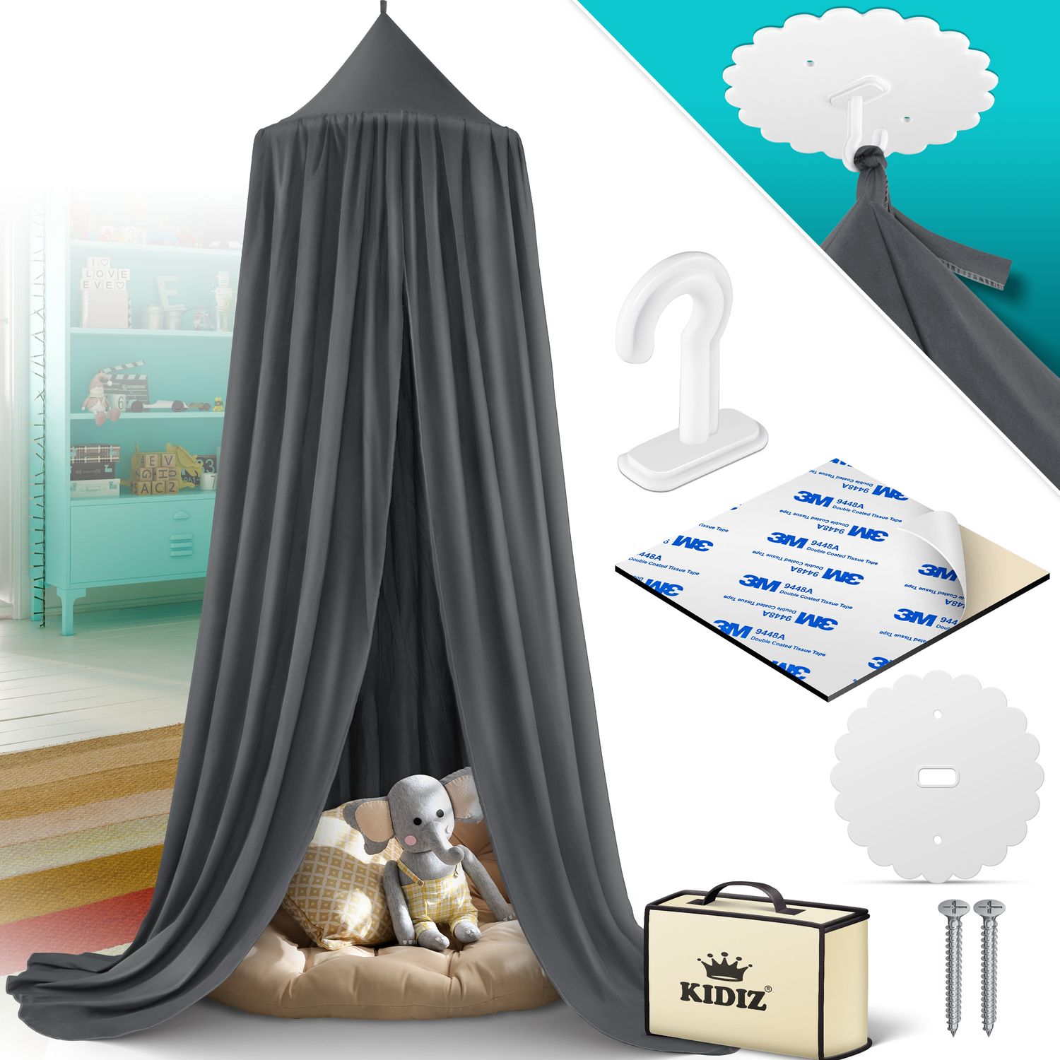 KIDIZ&reg; Baldachin Kinderzimmer Betthimmel babybett f&uuml;r Schlafzimmer Inkl. Aufbewahrungstasche | ohne Bohren | Sauml&auml;nge ca. 270cm | Moskitonetz Insektenschutz Kinder Spielzelte 