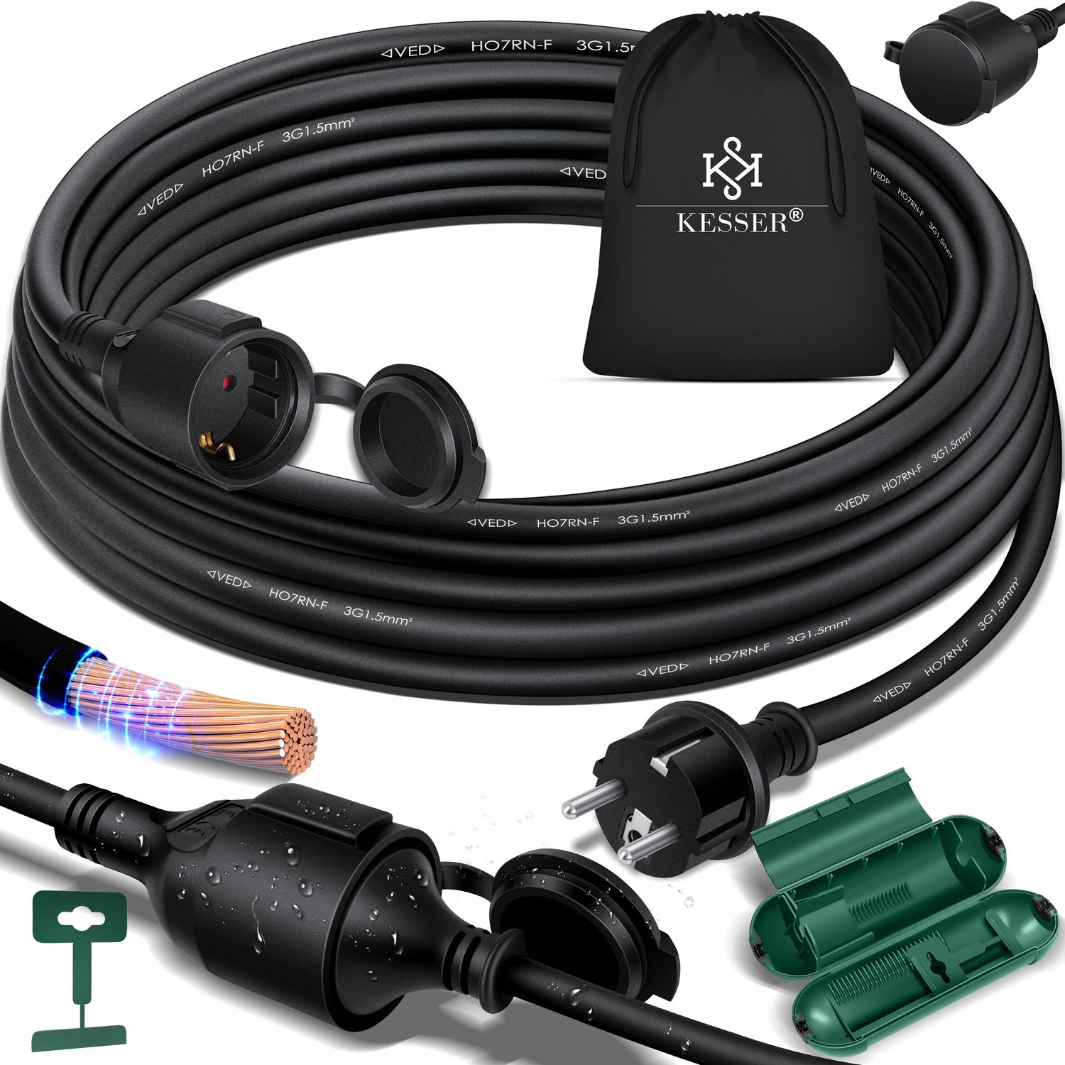 KESSER&reg; Verl&auml;ngerungskabel mit Schutzkappe Outdoor - f&uuml;r Innenbereich Au&szlig;enbereich - Verl&auml;ngerung Stromkabel &ndash; 230 V IP44 - Schutzkontakt Baustellenkabel Schutzkontaktstecker 