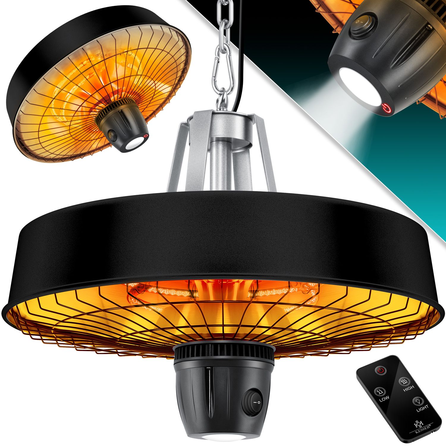 KESSER&reg; Deckenheizstrahler Heizpilz Infrarot-Heizstrahler 2500W Terrassenstrahler mit Fernbedienung Quarzstrahler | LED Licht | Decke | Infrarotstrahler | mit Kette + Karabinerhaken Carbon-Heizelement 
