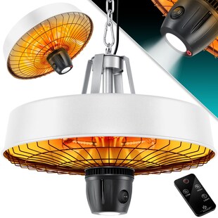 KESSER® Deckenheizstrahler Heizpilz Infrarot-Heizstrahler 2500W Terrassenstrahler mit Fernbedienung Quarzstrahler | LED Licht | Decke | Infrarotstrahler | mit Kette + Karabinerhaken Carbon-Heizelement 