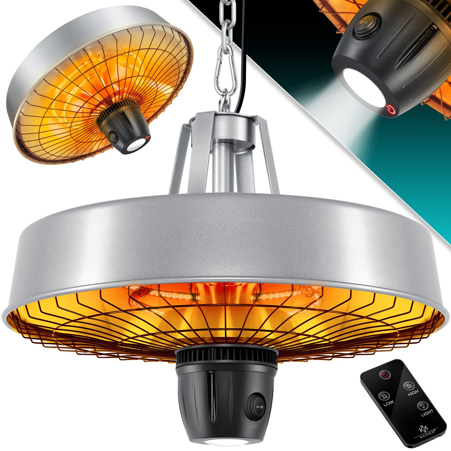 KESSER&reg; Deckenheizstrahler Heizpilz Infrarot-Heizstrahler 2500W Terrassenstrahler mit Fernbedienung Quarzstrahler | LED Licht | Decke | Infrarotstrahler | mit Kette + Karabinerhaken Carbon-Heizelement 