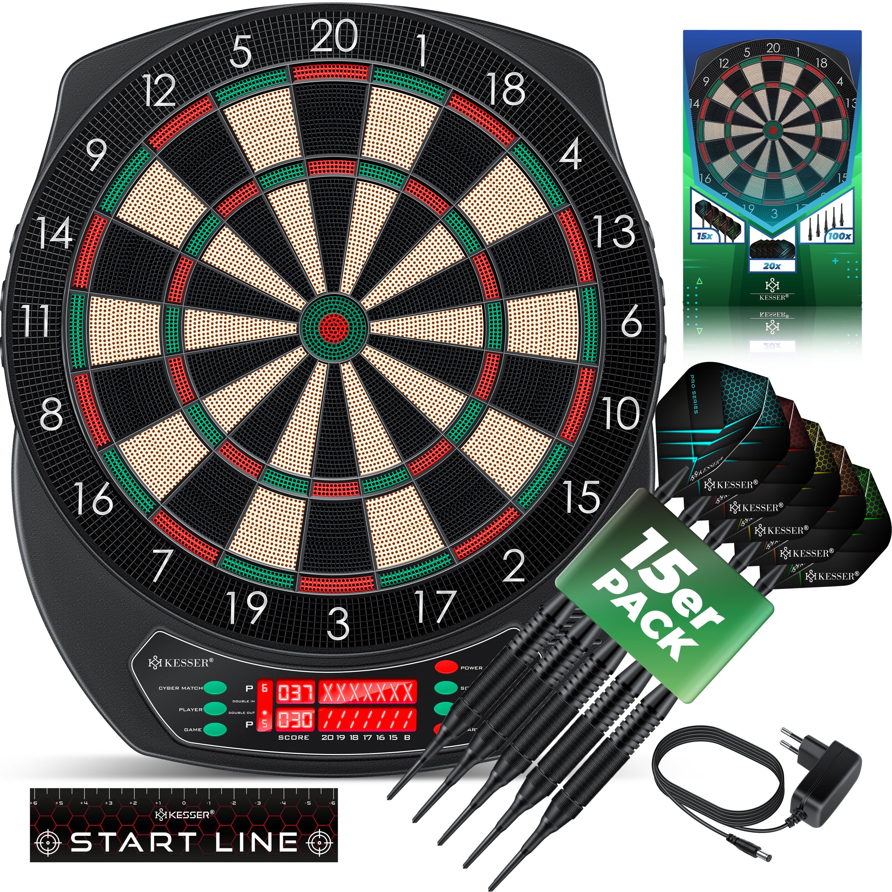 KESSER&reg; Elektronische Dartscheibe Profi Set - E Dartboard mit 15 Dartpfeile + 35 Pro Flights 100 Pfeilspitzen + Zubeh&ouml;r Dart f&uuml;r 1 bis 8 Spieler Innovativer elektronisch Dartautomat mit 65 Varianten 