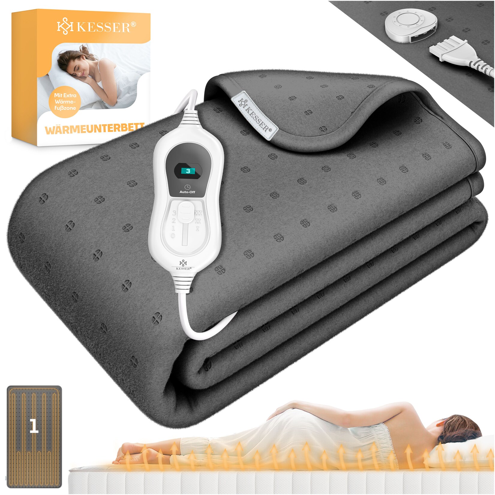 KESSER® Wärmeunterbett mit Abschaltautomatik Fernbedienung Heizdecke mit 3 Temperaturstufen Wärmebettunterlage fürs Bett Matratzenheizung …