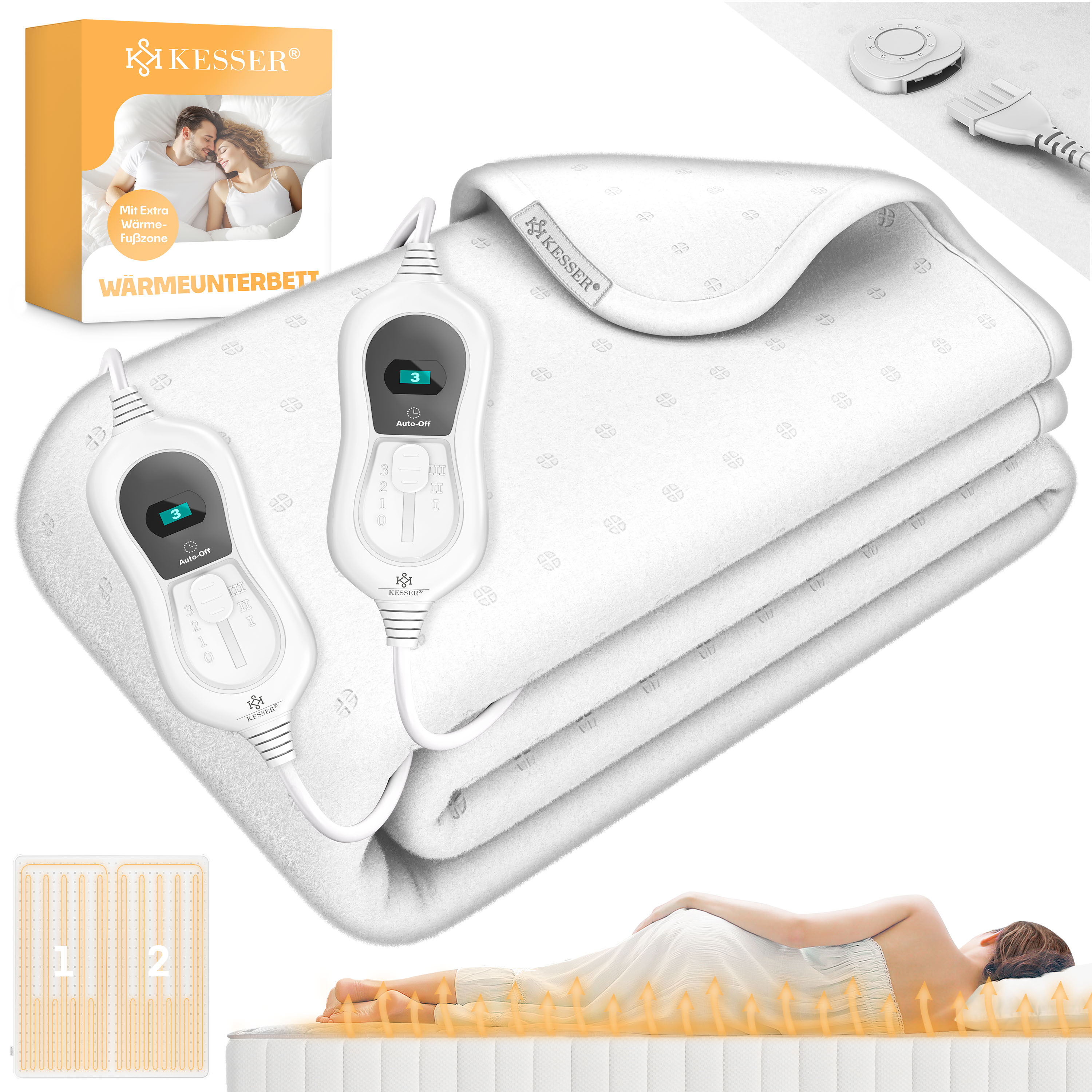 KESSER&reg; W&auml;rmeunterbett mit Abschaltautomatik Fernbedienung | Heizdecke mit 3 Temperaturstufen | W&auml;rmebettunterlage f&uuml;rs Bett Matratzenheizung | W&auml;rmedecke aus weichem Vlies Heizkissen 