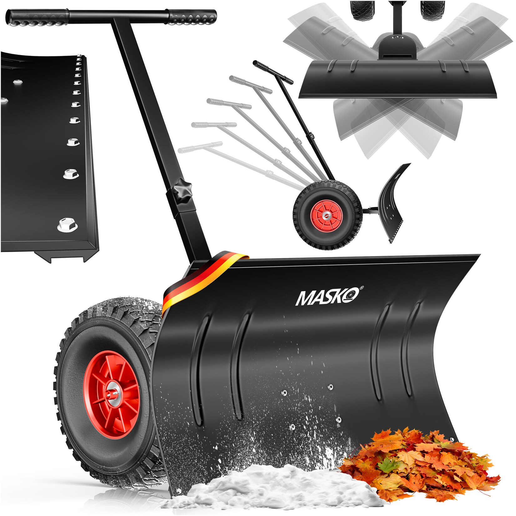 ® Schneeschaufel auf Rädern höhenverstellbar - 5-Fach Höhenverstellbar Schneeräumen, rückenschonender Schneeschieber, Schneeschild 75 cm Arbeitsbreite-Höhe 42 cm, platzsparend zusammenklappbar