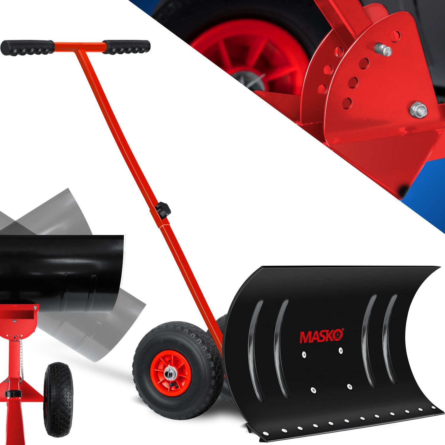 MASKO&reg; Schneeschaufel auf R&auml;dern h&ouml;henverstellbar - 5-Fach H&ouml;henverstellbar Schneer&auml;umen, r&uuml;ckenschonender Schneeschieber, Schneeschild 75 cm Arbeitsbreite-H&ouml;he 42 cm, platzsparend zusammenklappbar 