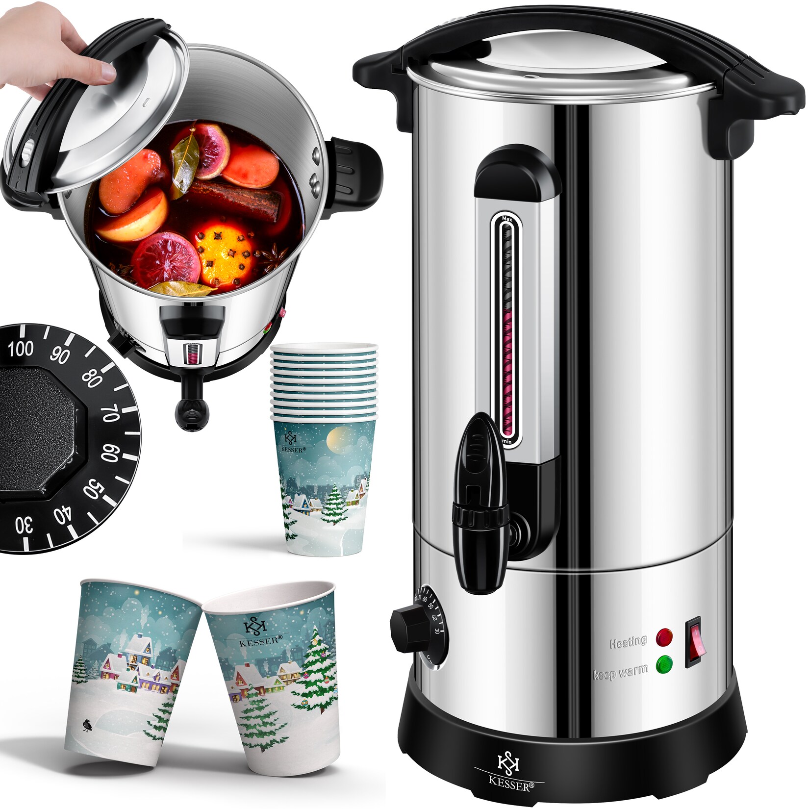 ® Glühweinkessel &nbsp;Edelstahl Inkl. 10x Becher Glühweinkocher mit Thermostat Glühweinautomat Heißgetränkeautomat Wasserkocher Heißwasserspender Einkochautomat Füllstandanzeige Zapfhahn