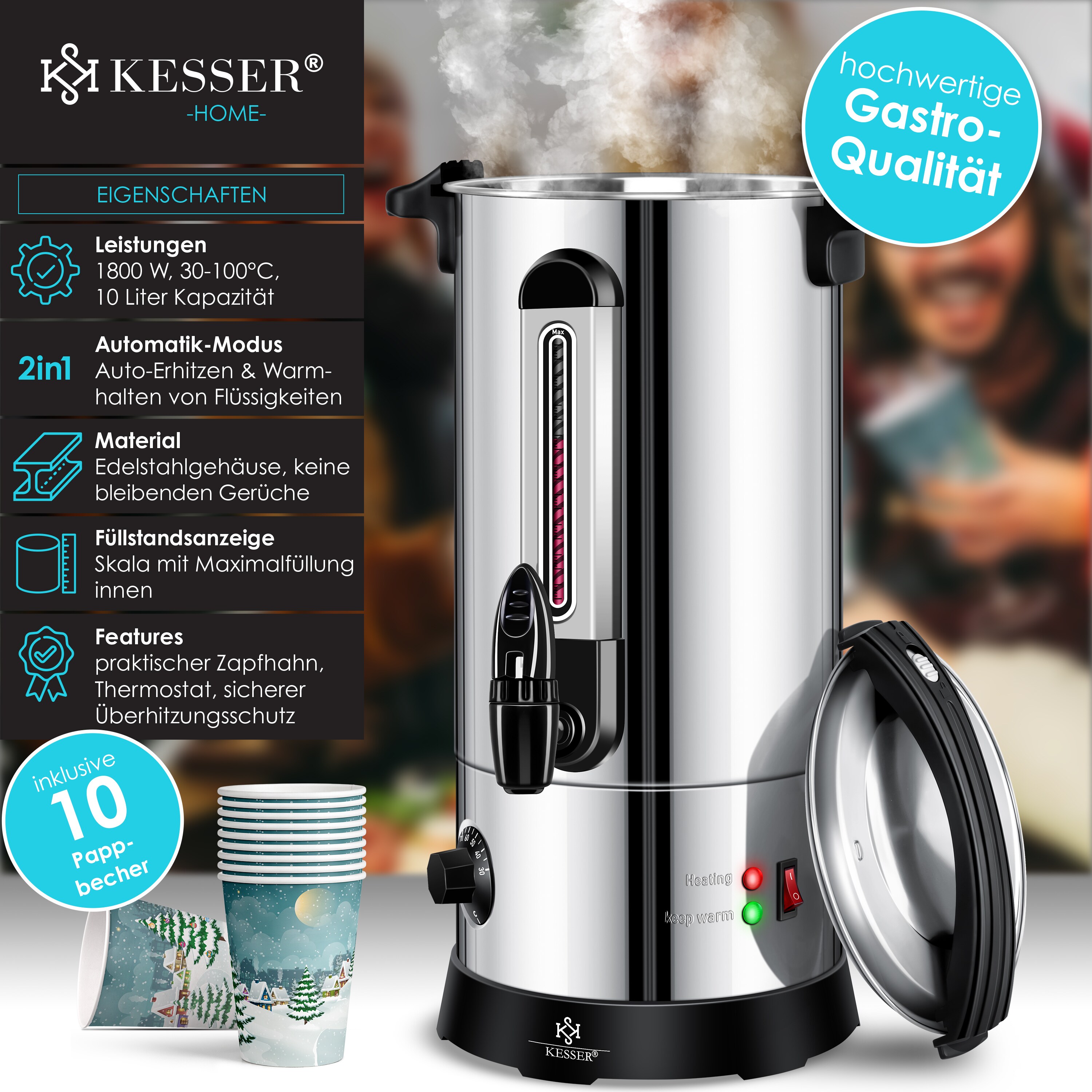 KESSER® Glühweinkessel 10L Edelstahl Inkl. 10x Becher Glühweinkocher mit Thermostat Glühweinautomat Heißgetränkeautomat Wasserkocher Heißwasserspender Einkochautomat Füllstandanzeige Zapfhahn bei Marktkauf online bestellen
