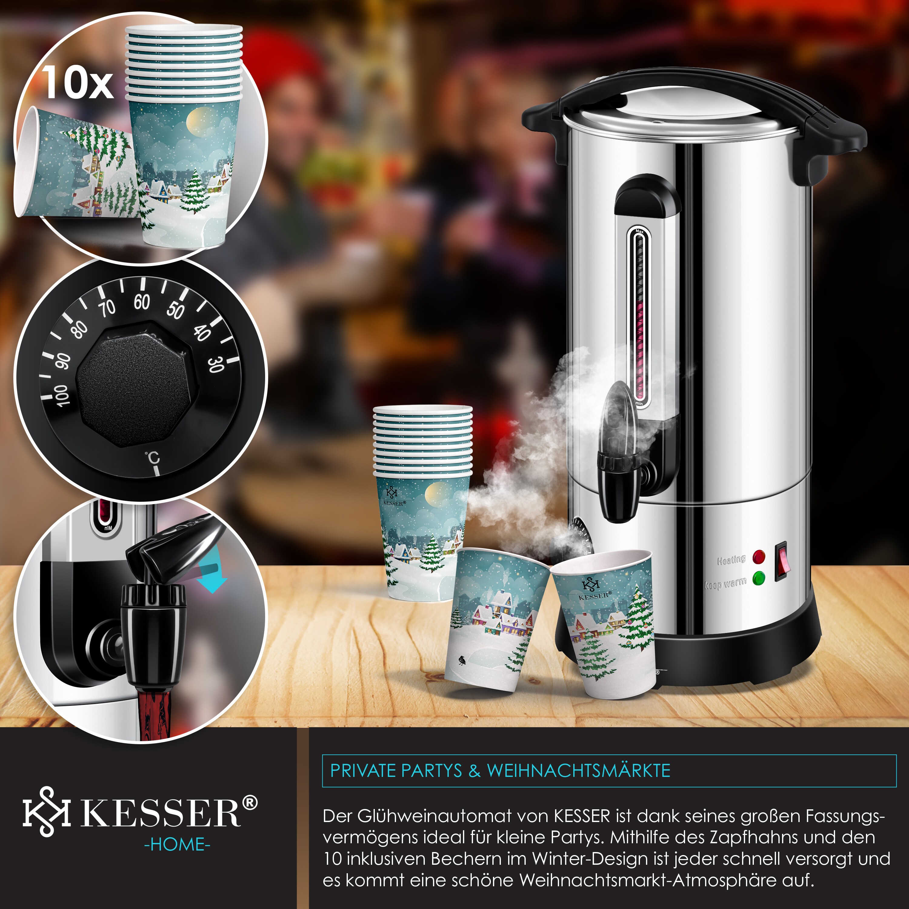 KESSER® Glühweinkessel 10L Edelstahl Inkl. 10x Becher Glühweinkocher mit Thermostat Glühweinautomat Heißgetränkeautomat Wasserkocher Heißwasserspender Einkochautomat Füllstandanzeige Zapfhahn bei Marktkauf online bestellen