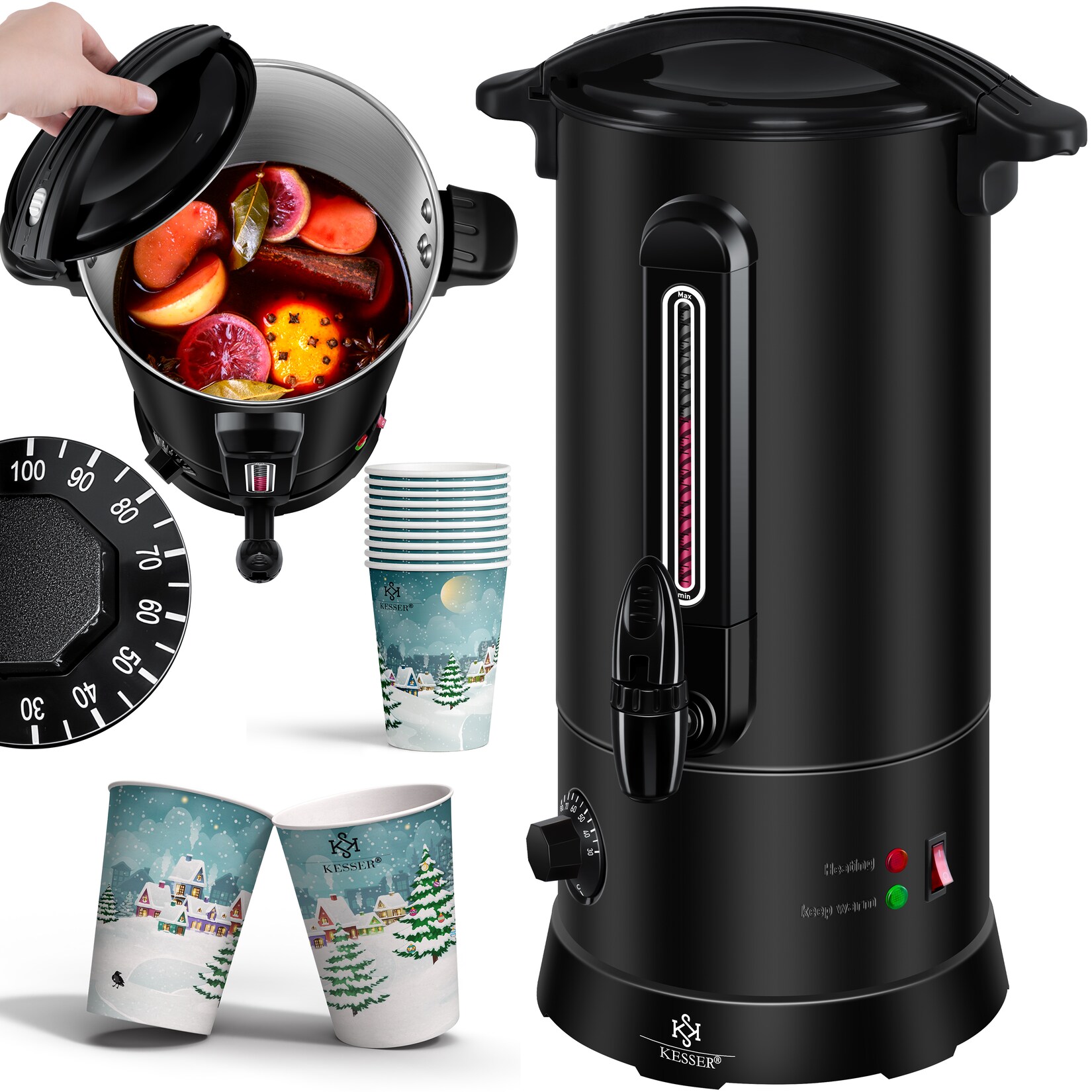 ® Glühweinkessel &nbsp;Edelstahl Inkl. 10x Becher Glühweinkocher mit Thermostat Glühweinautomat Heißgetränkeautomat Wasserkocher Heißwasserspender Einkochautomat Füllstandanzeige Zapfhahn