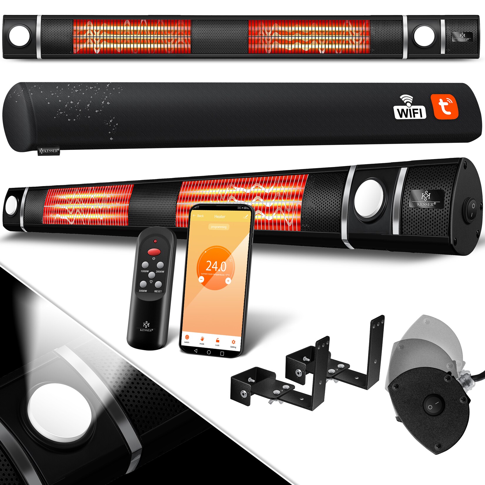 ® Infrarot Heizstrahler 3000W IR-Gastro-Bar Inkl. LED Licht Terrassenstrahler Mit WiFi & Fernbedienung inkl. Schutzhülle Infrarotstrahler Quarzstrahler Terrassenheizer Wand-Heizstrahler
