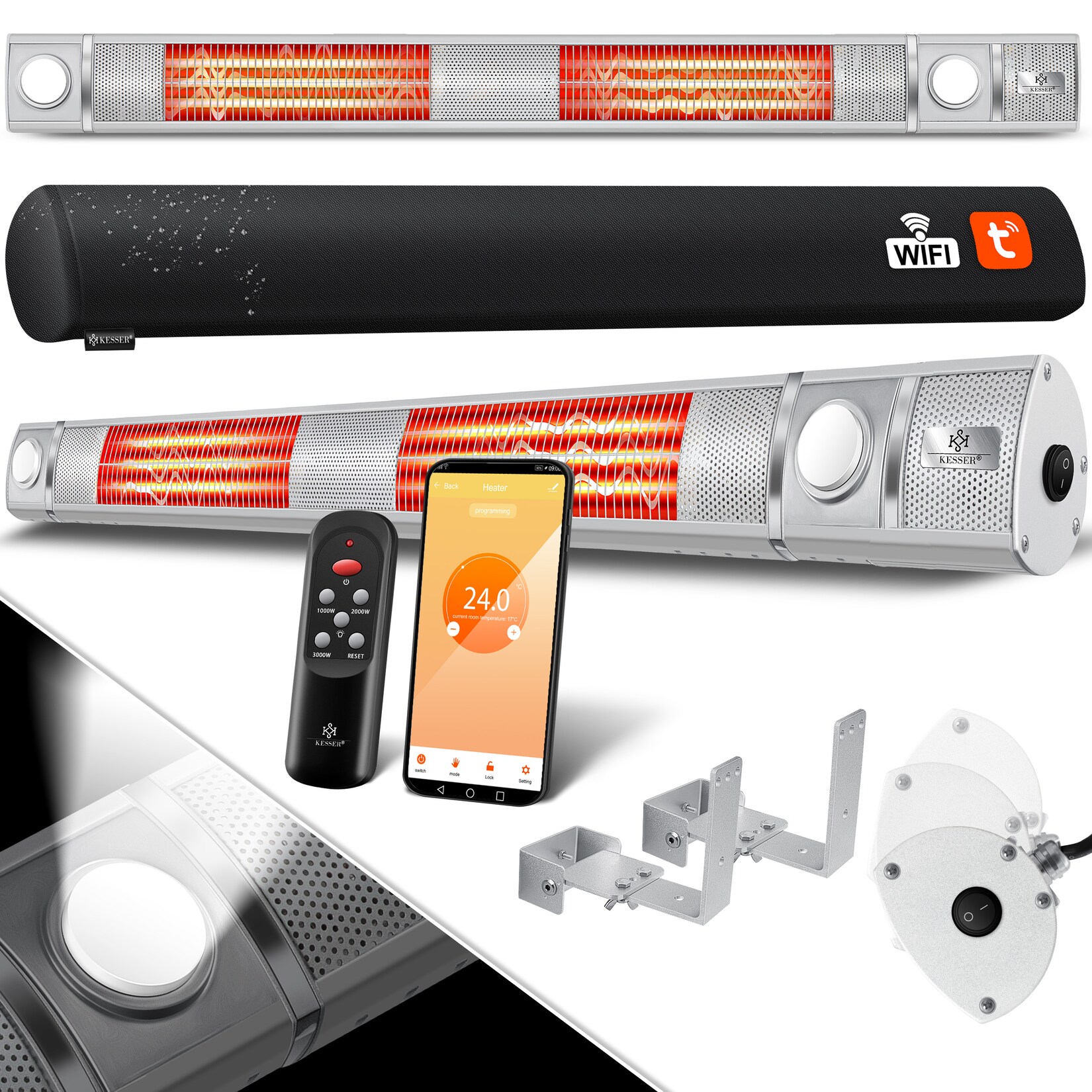 ® Infrarot Heizstrahler 3000W IR-Gastro-Bar Inkl. LED Licht Terrassenstrahler Mit WiFi & Fernbedienung inkl. Schutzhülle Infrarotstrahler Quarzstrahler Terrassenheizer Wand-Heizstrahler