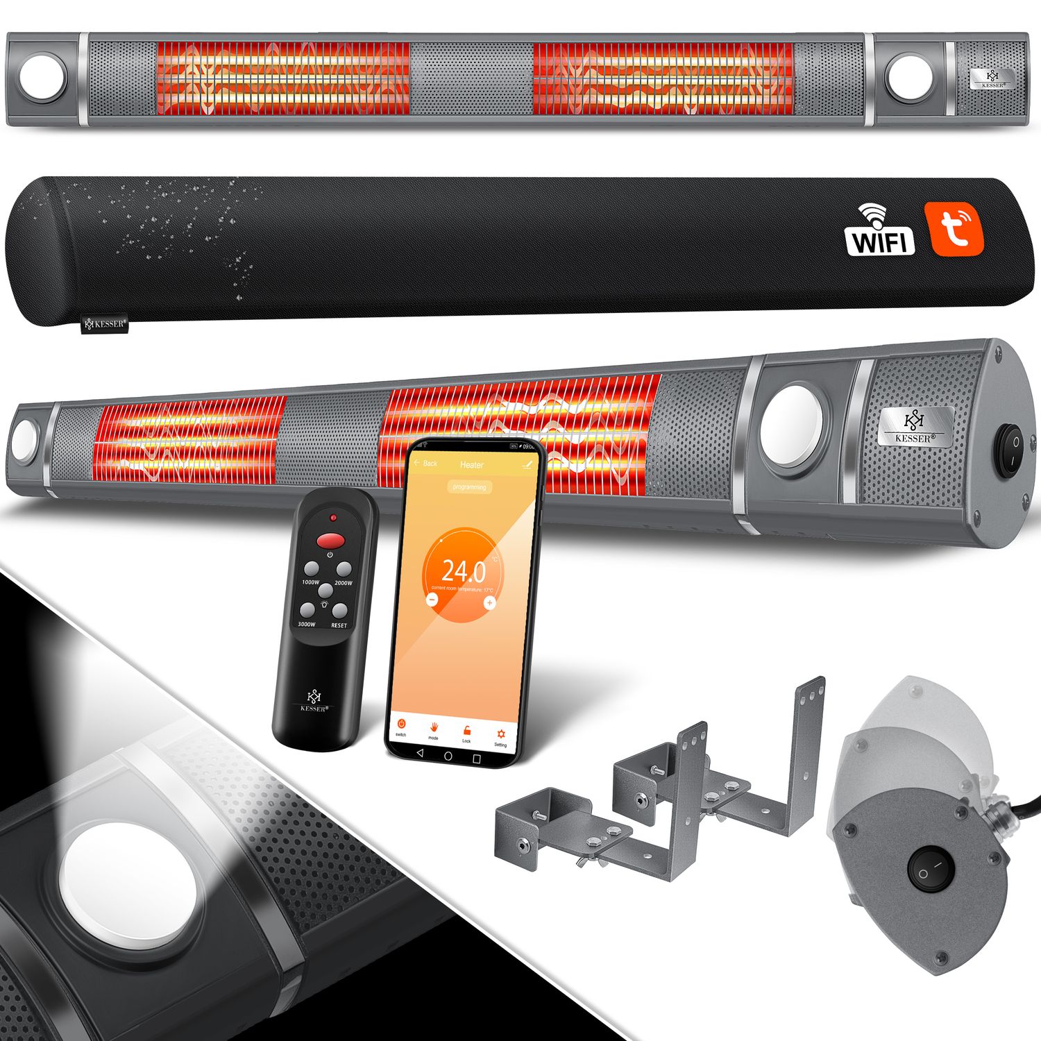 KESSER&reg; Infrarot Heizstrahler 3000W IR-Gastro-Bar Inkl. LED Licht Terrassenstrahler Mit WiFi & Fernbedienung inkl. Schutzh&uuml;lle Infrarotstrahler Quarzstrahler Terrassenheizer Wand-Heizstrahler 