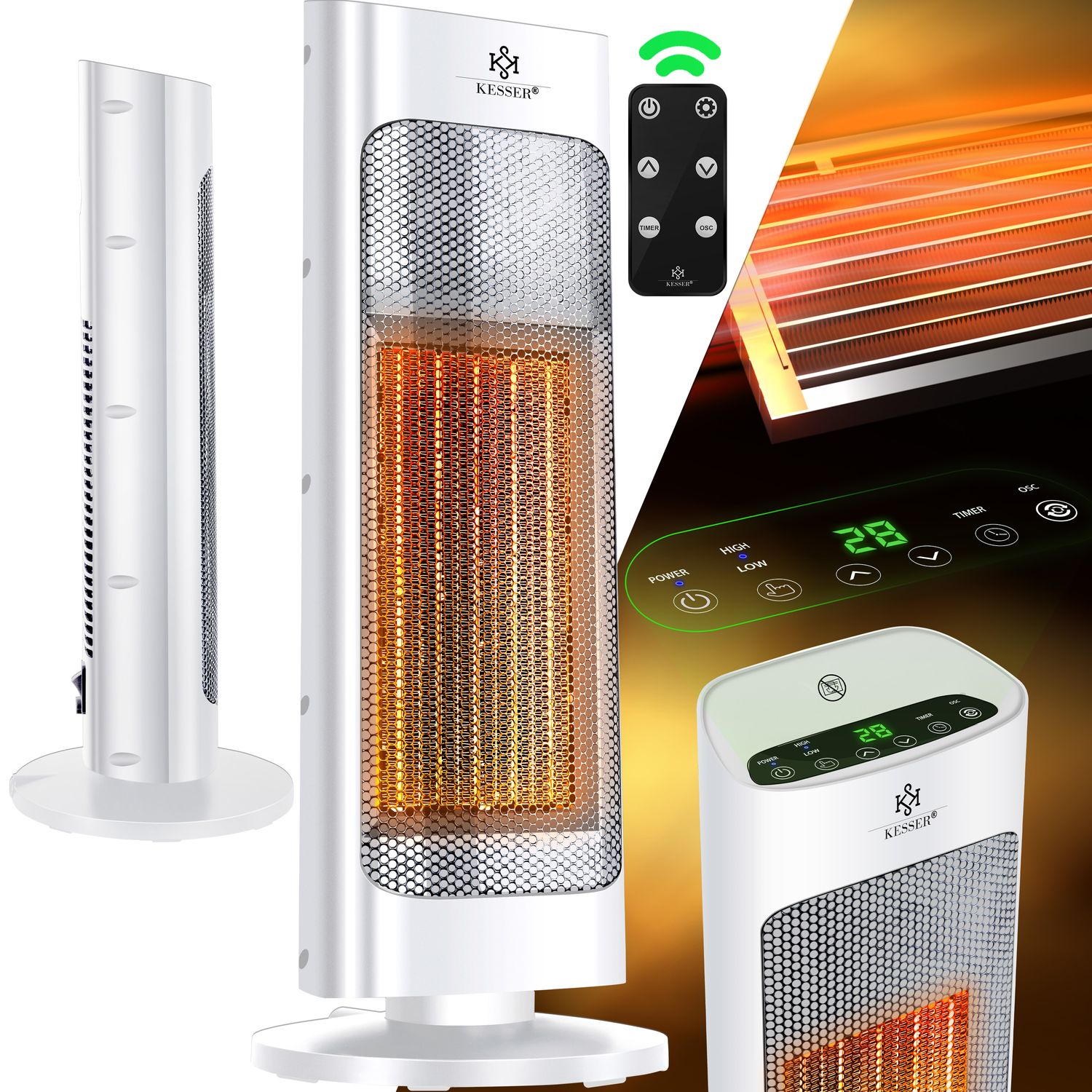 KESSER&reg; Heizl&uuml;fter mit Fernbedienung energiesparend leise 2000W Keramik Heizstrahler Standheizstrahler 15-30&deg;C - Schnellheizer mit 80&deg; Oszillationsfunktion 24h Timer  Heizung Turmheizstrahler 