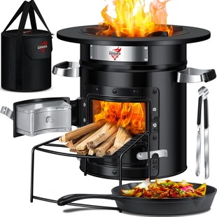 KESSER® Raketenofen Inkl. Grillpfanne aus Gusseisen mit Tragetasche, Dutch Oven BBQ Rakete Holzofen Camping Campingkocher Campinggrill, Edelstahl 
