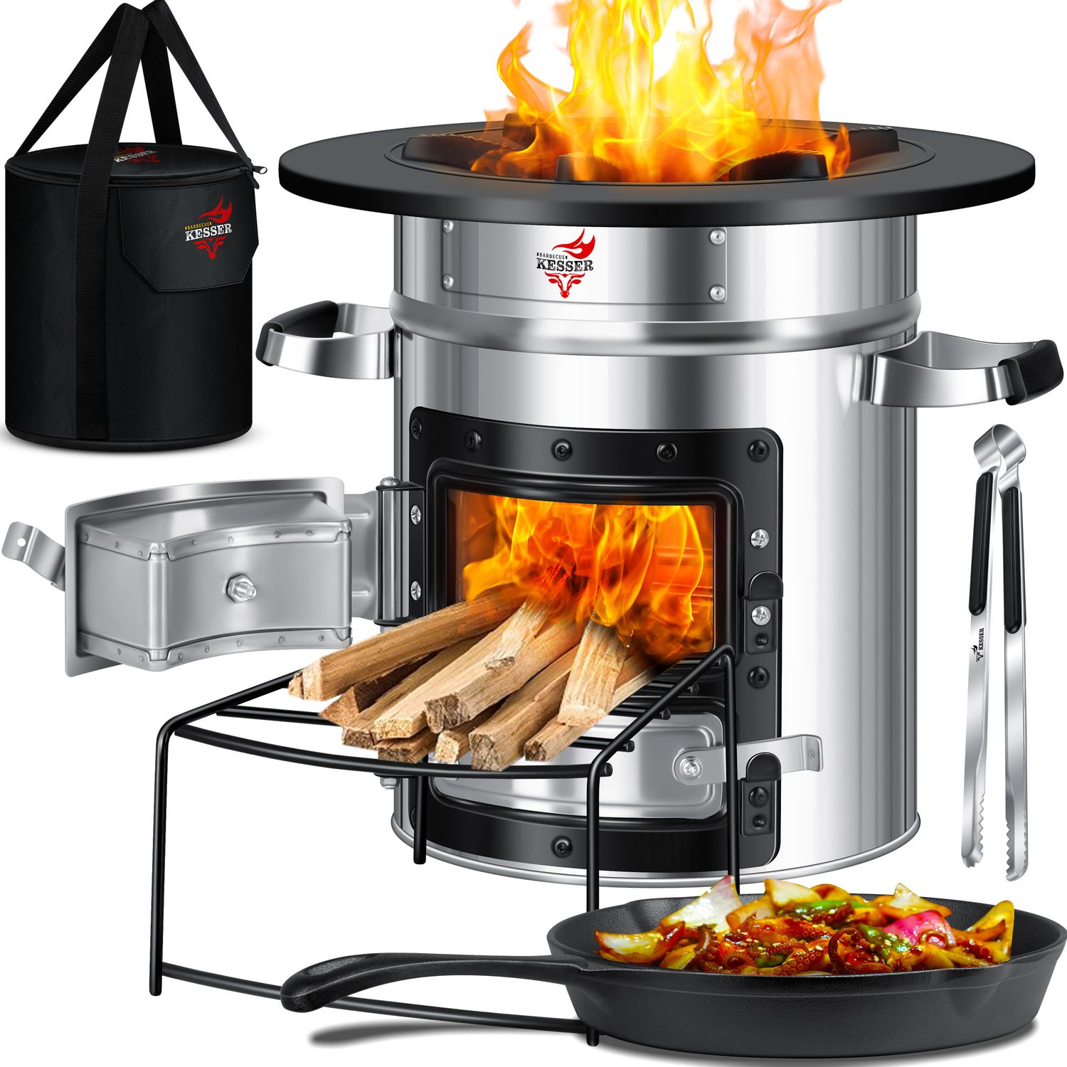 KESSER&reg; Raketenofen Inkl. Grillpfanne aus Gusseisen mit Tragetasche, Dutch Oven BBQ Rakete Holzofen Camping Campingkocher Campinggrill, Edelstahl 
