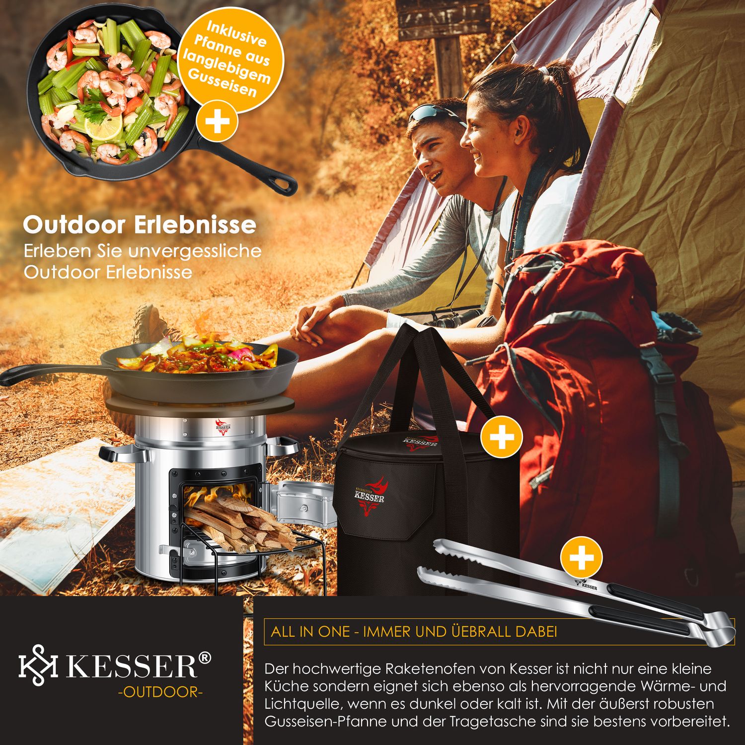 KESSER Four Rocket Stove Avec Poêle Fonte, Sac Transport Et Pince – Barbecue Camping Bois, Poêle à Bois Efficace, Dutch Oven BBQ Rakete Pour Extérieur Et Jardin