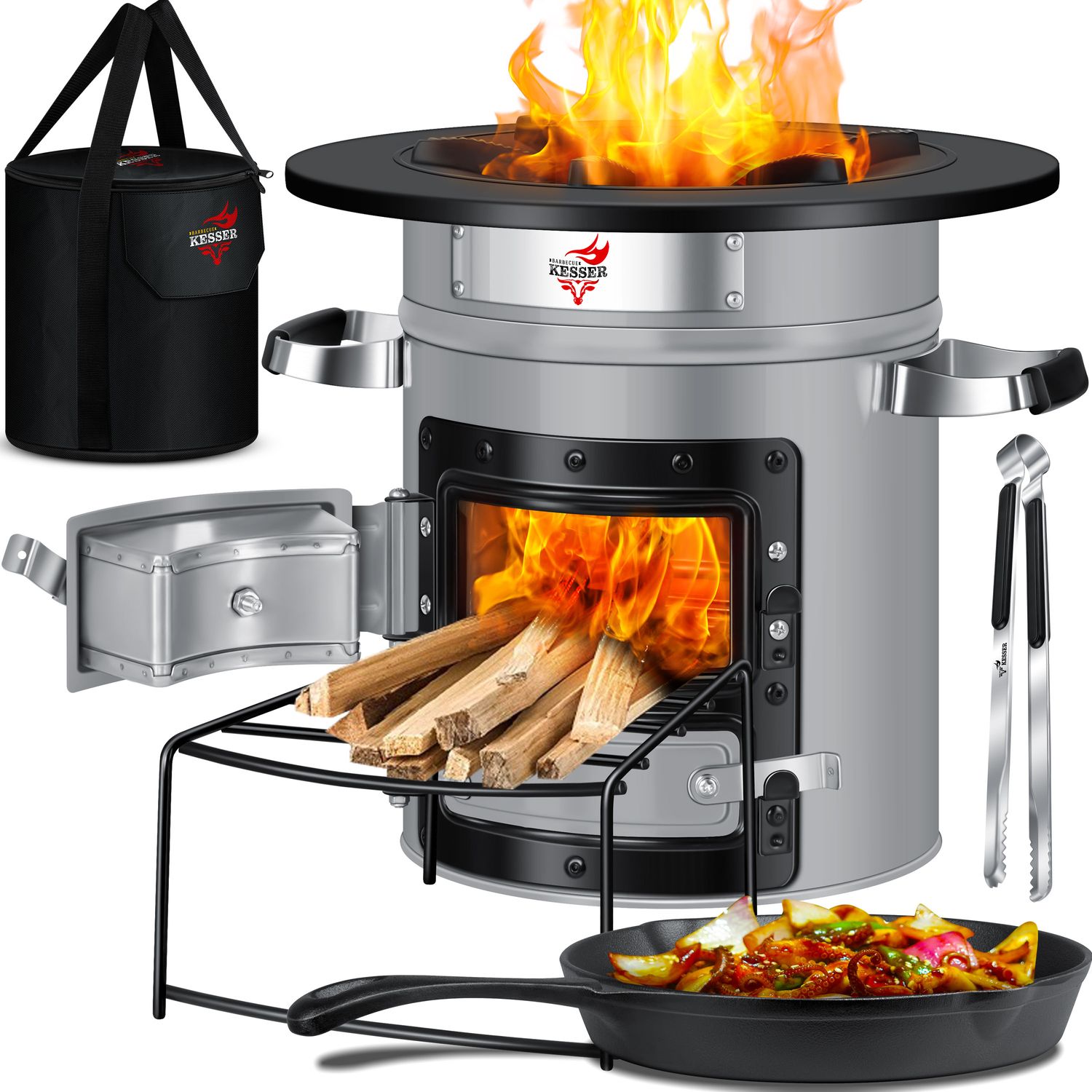 KESSER&reg; Raketenofen Inkl. Grillpfanne aus Gusseisen mit Tragetasche, Dutch Oven BBQ Rakete Holzofen Camping Campingkocher Campinggrill, Edelstahl 