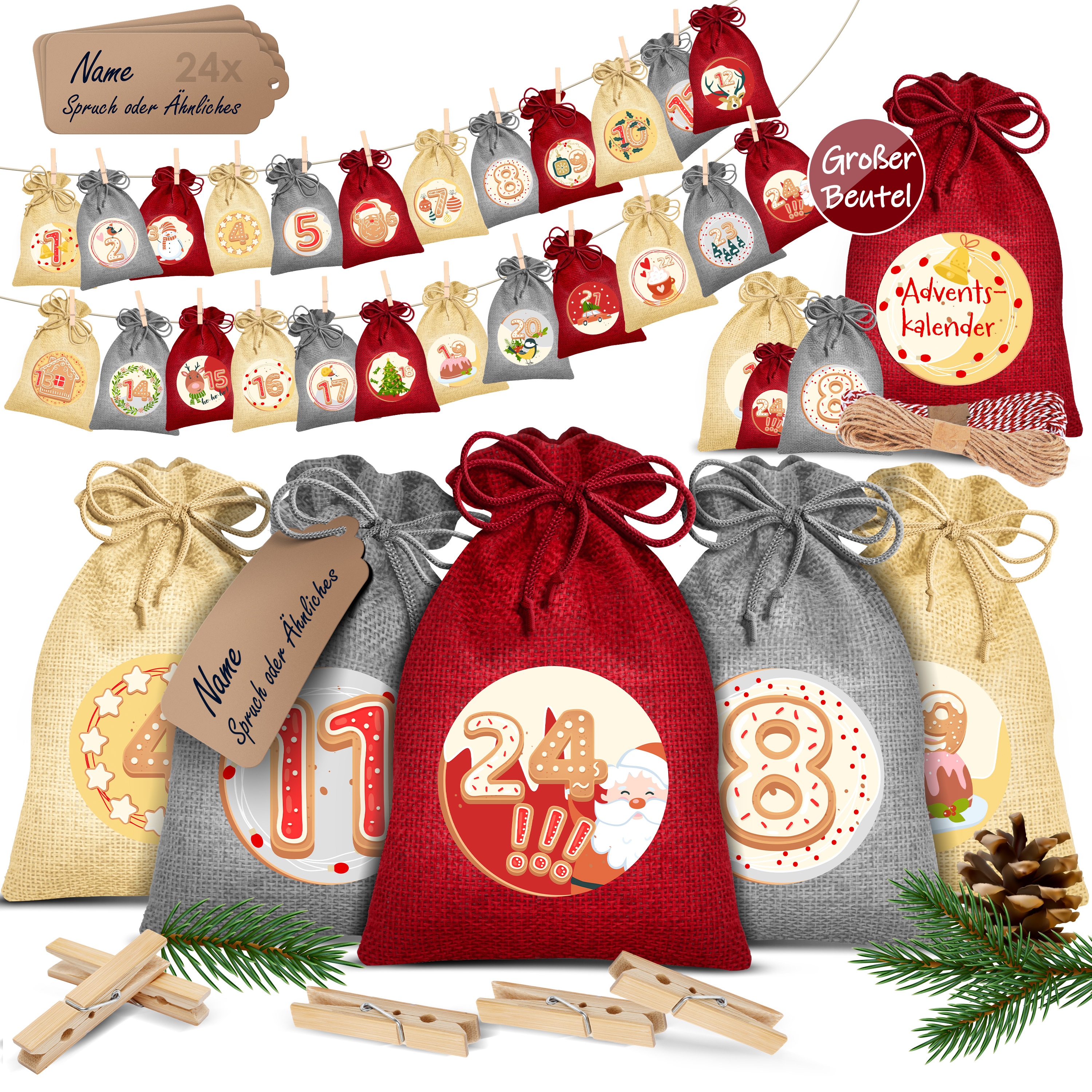KESSER&reg; Adventskalender zum Bef&uuml;llen 24 Jutebeutel Gedruckte Stoffbeutel Kinder Weihnachtskalender zum Selber Bef&uuml;llen Inkl.. 24x Schildchen + 1 Gro&szlig;er Aufbewahrungsbeutel Stoff 