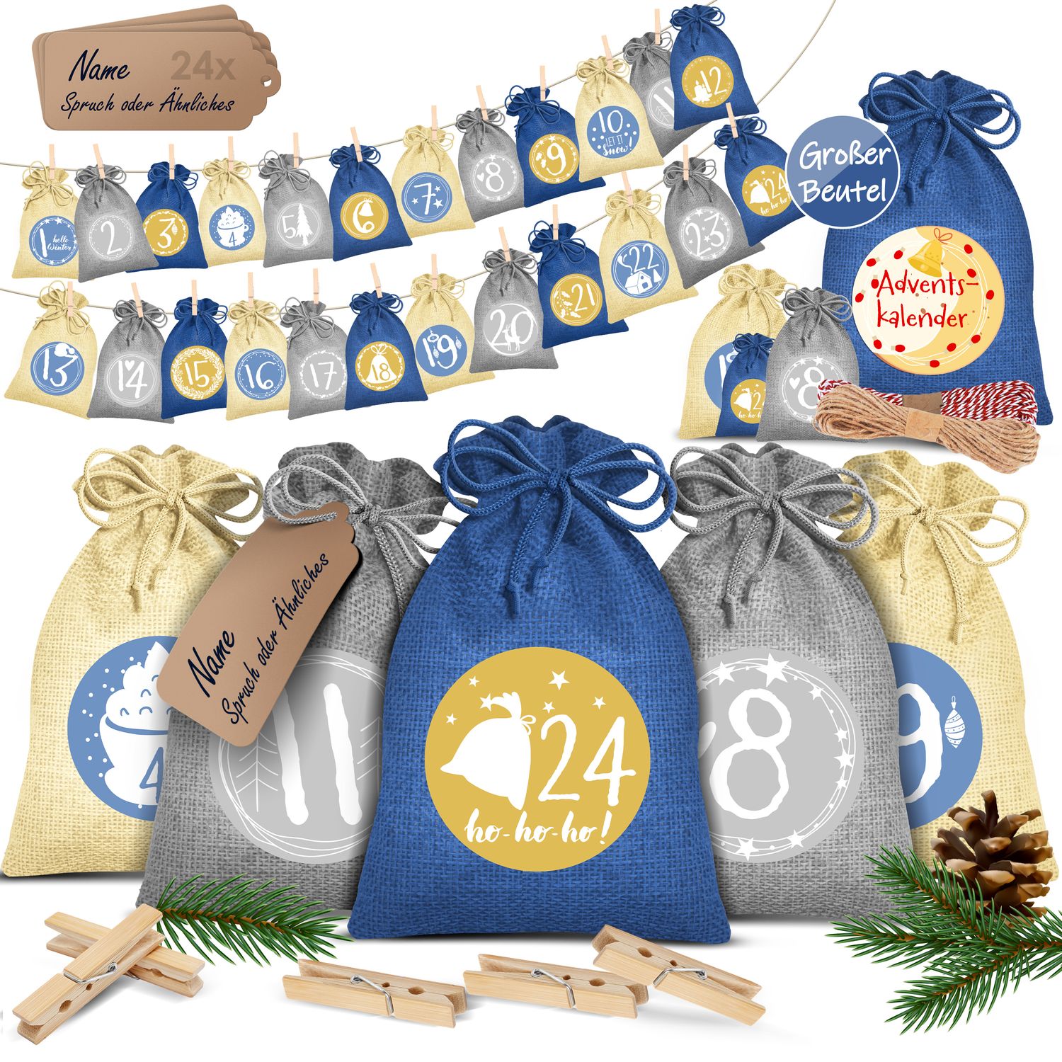 KESSER&reg; Adventskalender zum Bef&uuml;llen 24 Jutebeutel Gedruckte Stoffbeutel Kinder Weihnachtskalender zum Selber Bef&uuml;llen Inkl.. 24x Schildchen + 1 Gro&szlig;er Aufbewahrungsbeutel Stoff 