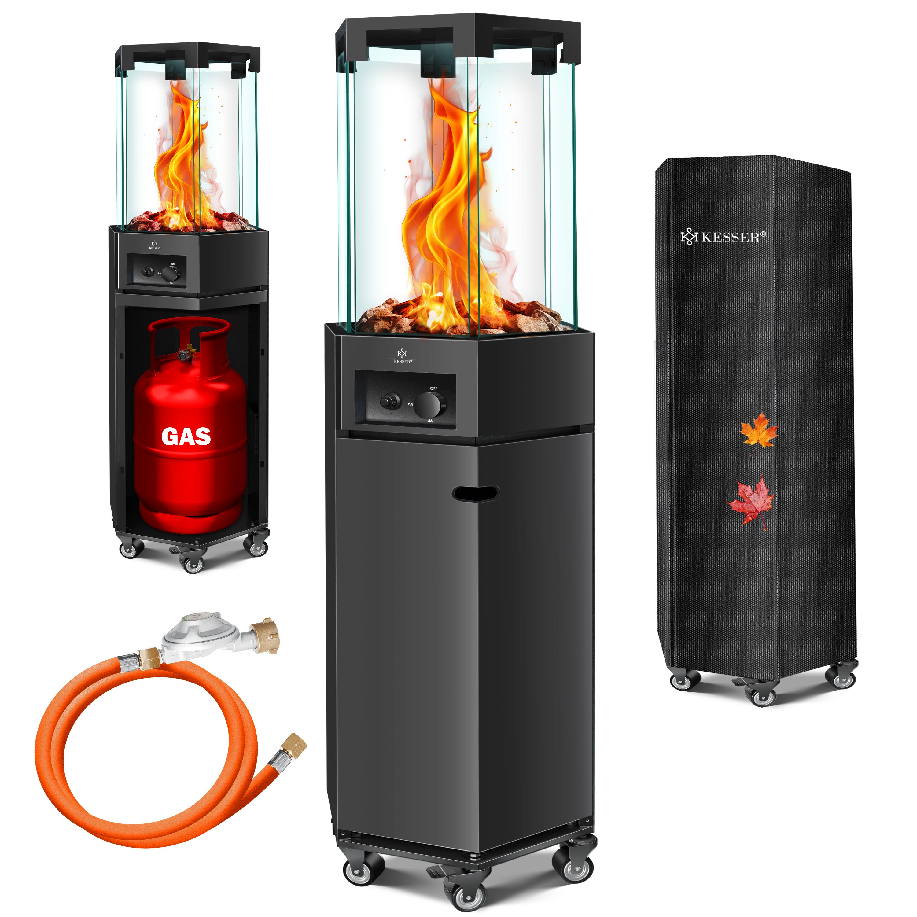 KESSER&reg; Gasheizstrahler 4/8 kW Gas Piezoz&uuml;ndung Heizung + Gasdruckregler + Cover, 360&deg; Rollen Kippschutz, Terrassenheizstrahler Gasheizung Gasheizer Outdoor Kamin Mobiler Heizpilz, Heizer, Schwarz 