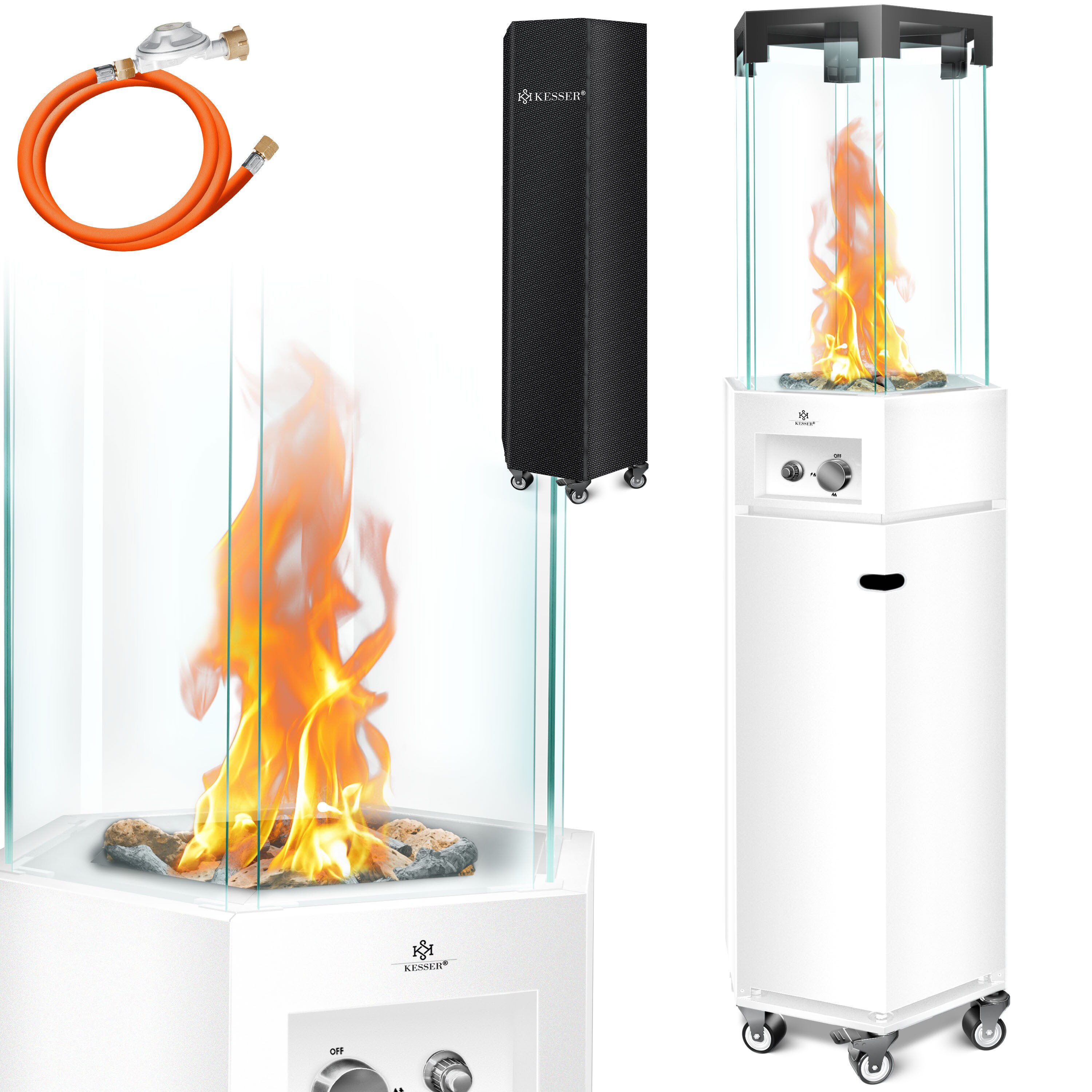 KESSER&reg; Gasheizstrahler 4/8 kW Gas Piezoz&uuml;ndung Heizung + Gasdruckregler + Cover, 360&deg; Rollen Kippschutz, Terrassenheizstrahler Gasheizung Gasheizer Outdoor Kamin Mobiler Heizpilz, Heizer, Schwarz 