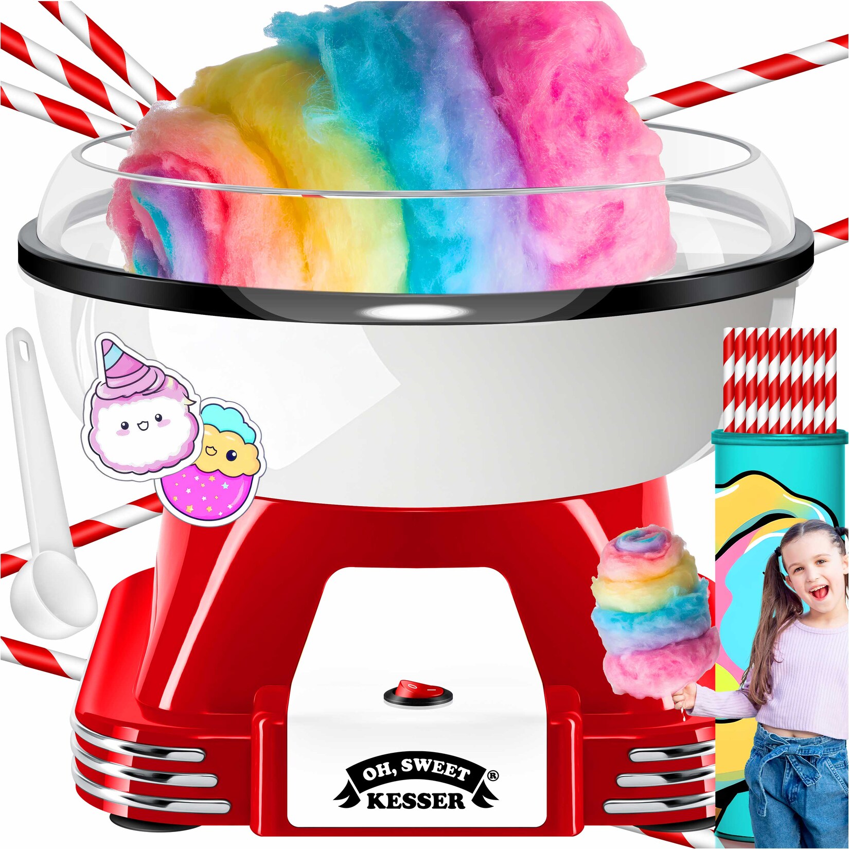 ® Zuckerwattemaschine Set für dein zuhause - Mit 30x Zuckerwatte Stäbchen & Messlöffel - Retro Cotton Candy Maschine - Zuckerwatte Maschine Mit Zubehör - Höhe 22 cm  - 500 W