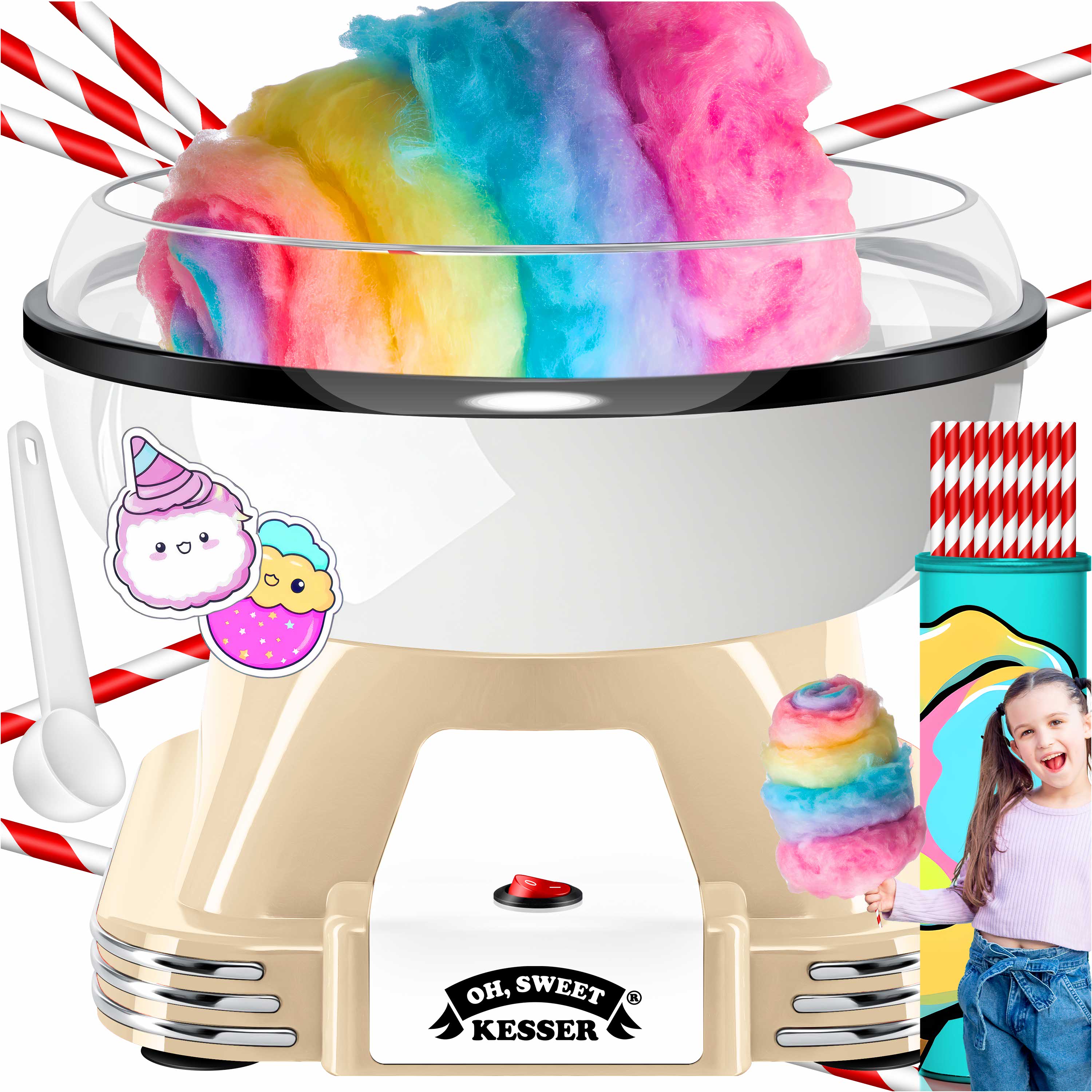 KESSER&reg; Zuckerwattemaschine Set f&uuml;r dein zuhause - Mit 30x Zuckerwatte St&auml;bchen & Messl&ouml;ffel - Retro Cotton Candy Maschine - Zuckerwatte Maschine Mit Zubeh&ouml;r - H&ouml;he 22 cm  - 500 W 