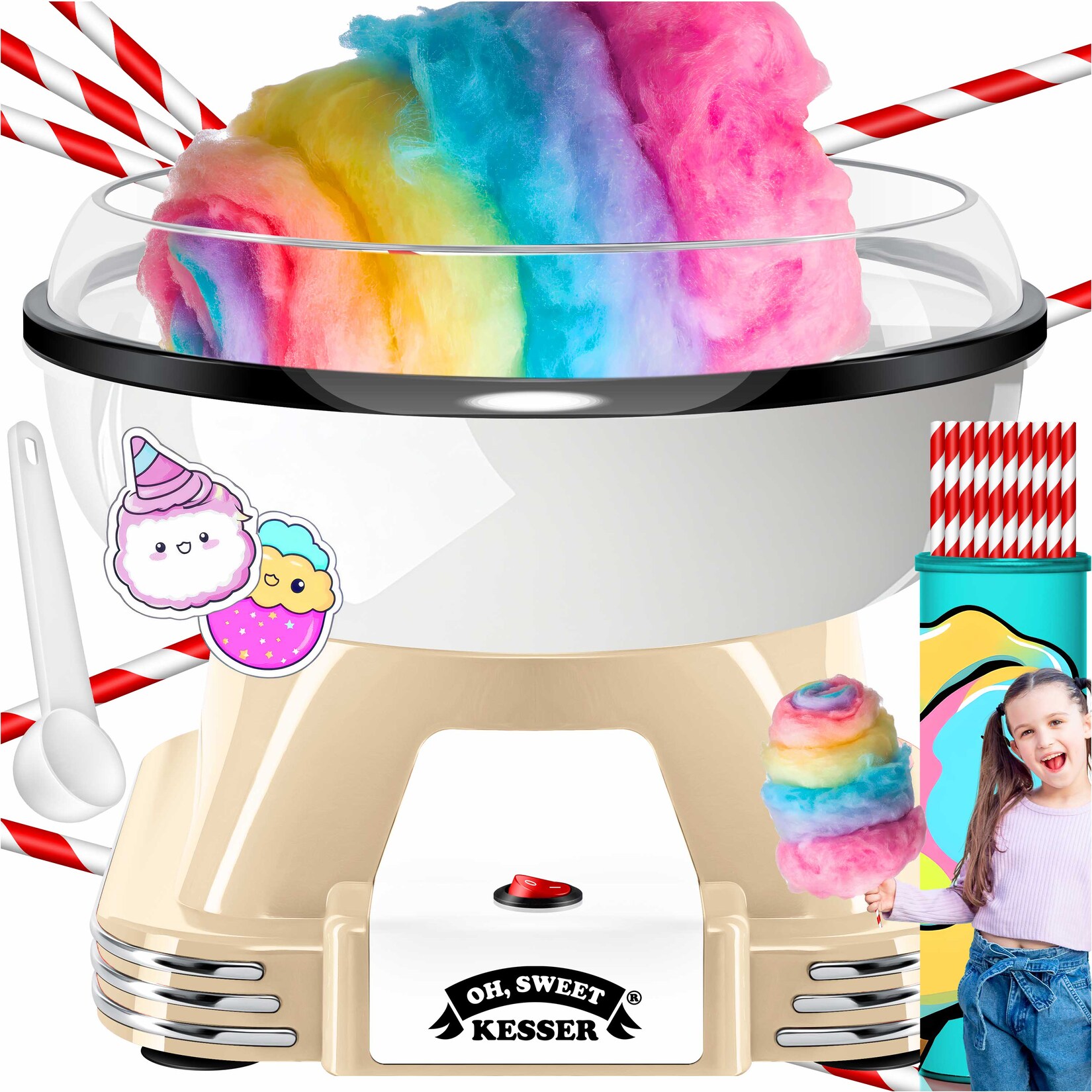 KESSER Zuckerwattemaschine Set für dein zuhause - Mit 30x Zuckerwatte Stäbchen & Messlöffel - Retro Cotton Candy Maschine - Zuckerwatte Maschine Mit Zubehör - Höhe 22 cm - 500 W