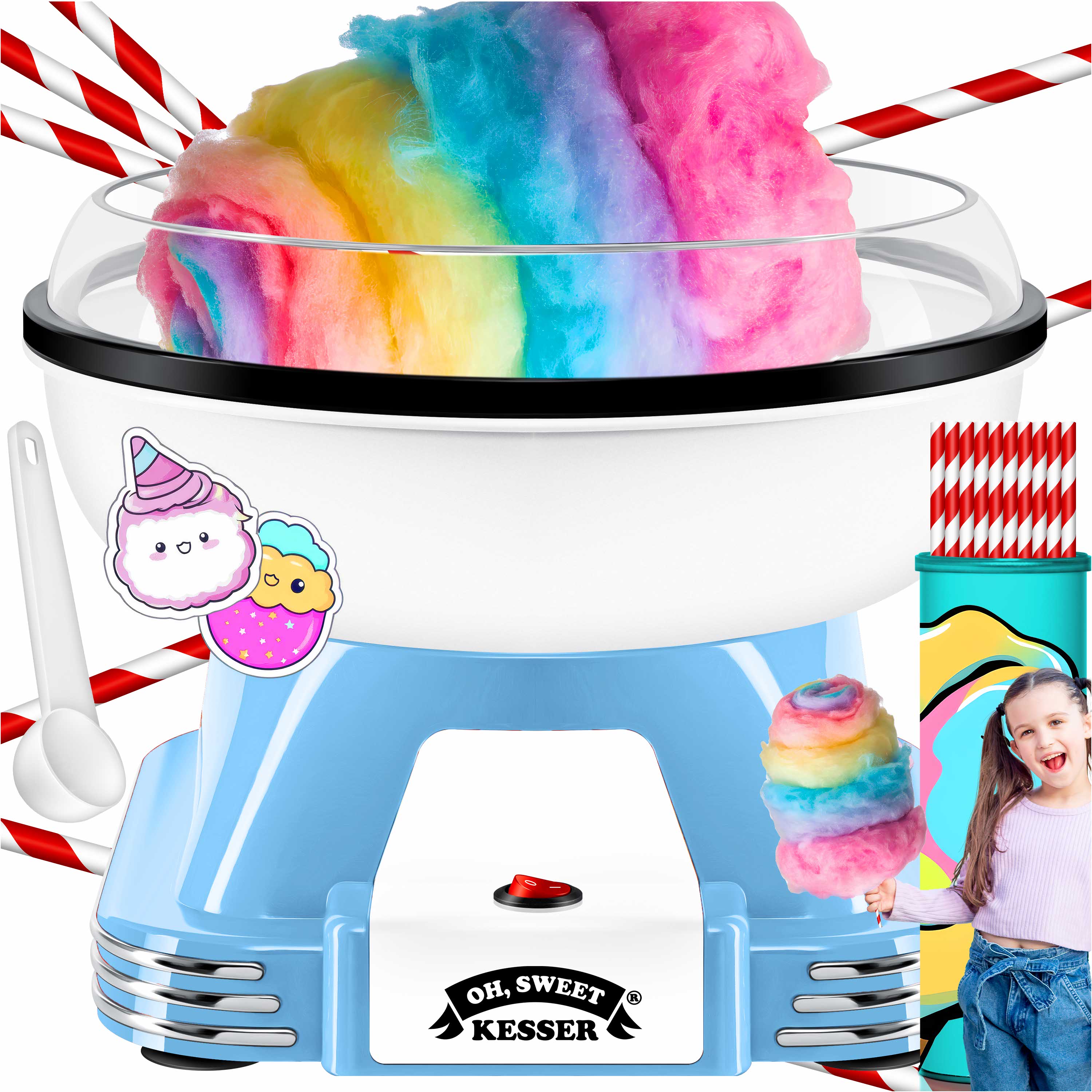 KESSER&reg; Zuckerwattemaschine Set f&uuml;r dein zuhause - Mit 30x Zuckerwatte St&auml;bchen & Messl&ouml;ffel - Retro Cotton Candy Maschine - Zuckerwatte Maschine Mit Zubeh&ouml;r - H&ouml;he 22 cm  - 500 W 