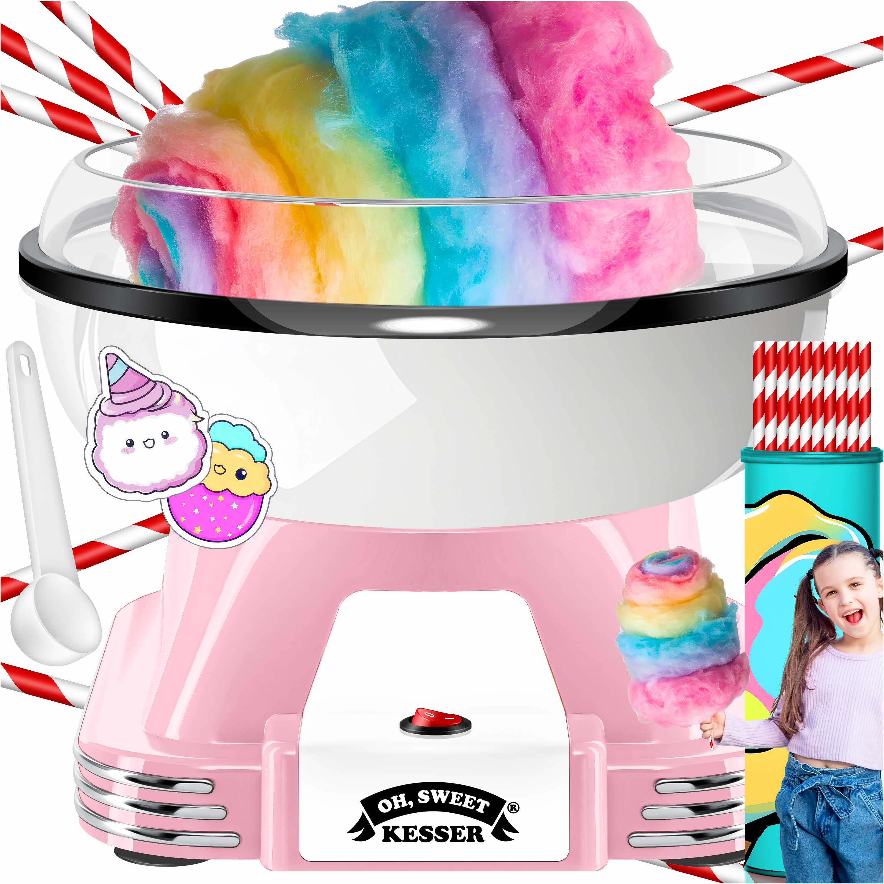 KESSER&reg; Zuckerwattemaschine Set f&uuml;r dein zuhause - Mit 30x Zuckerwatte St&auml;bchen & Messl&ouml;ffel - Retro Cotton Candy Maschine - Zuckerwatte Maschine Mit Zubeh&ouml;r - H&ouml;he 22 cm  - 500 W 